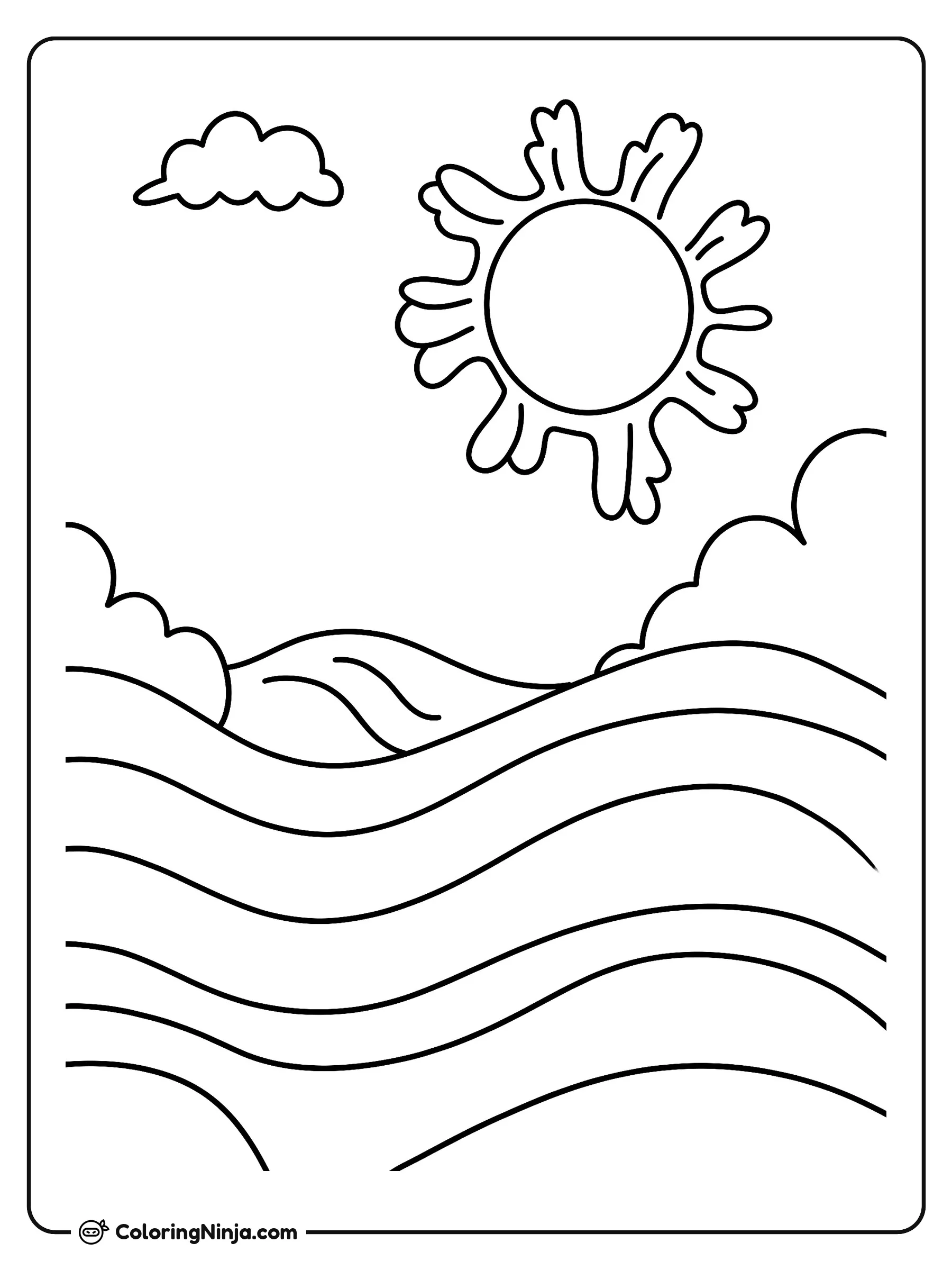El cielo y el sol, dibujo para colorear: Un brillante sol resplandece en el cielo despejado sobre suaves colinas y nubes esponjosas. En la parte inferior, las olas del océano se extienden bajo este soleado paisaje.