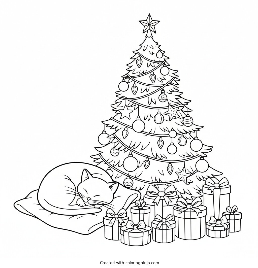 Cat Beside the Christmas Tree Coloring Page