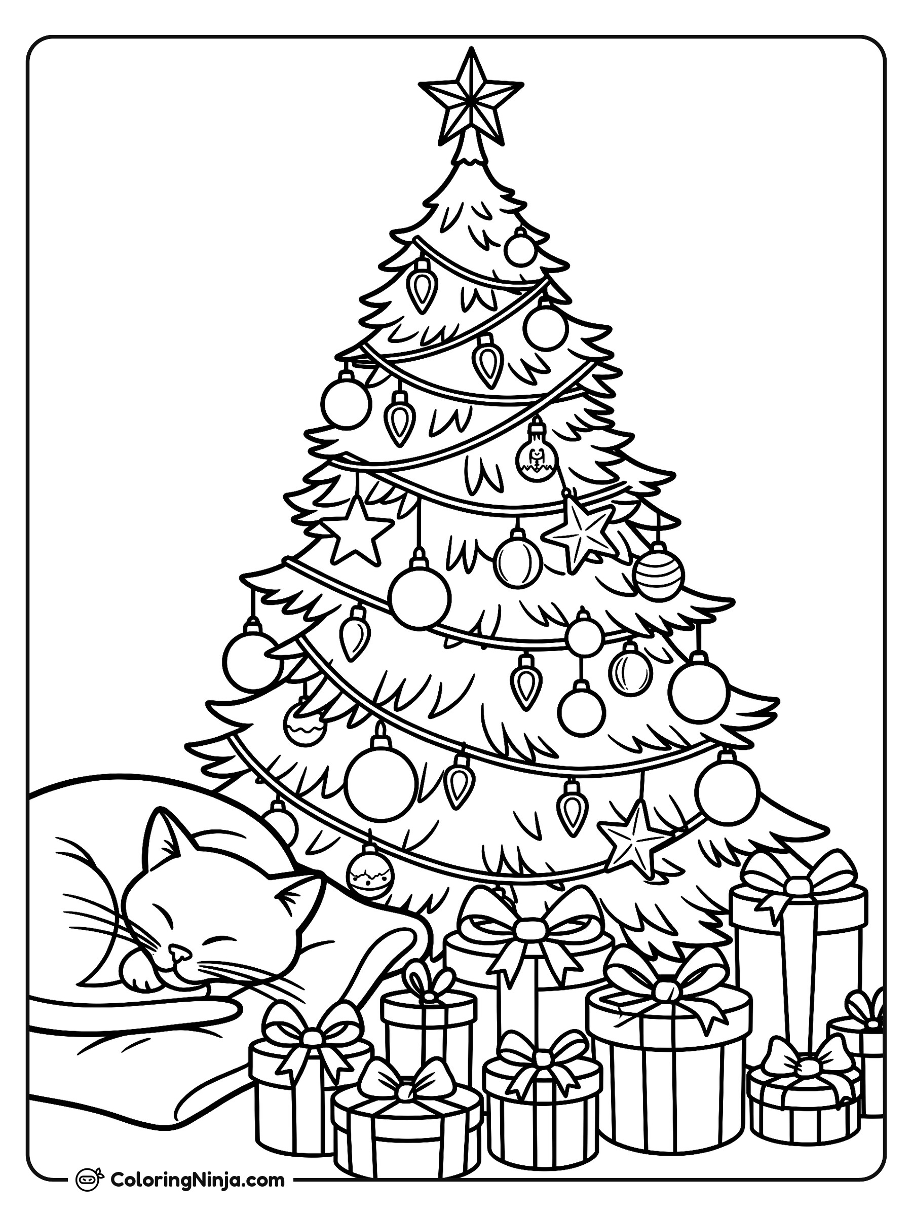 Gato Junto al Árbol de Navidad: dibujo para colorear