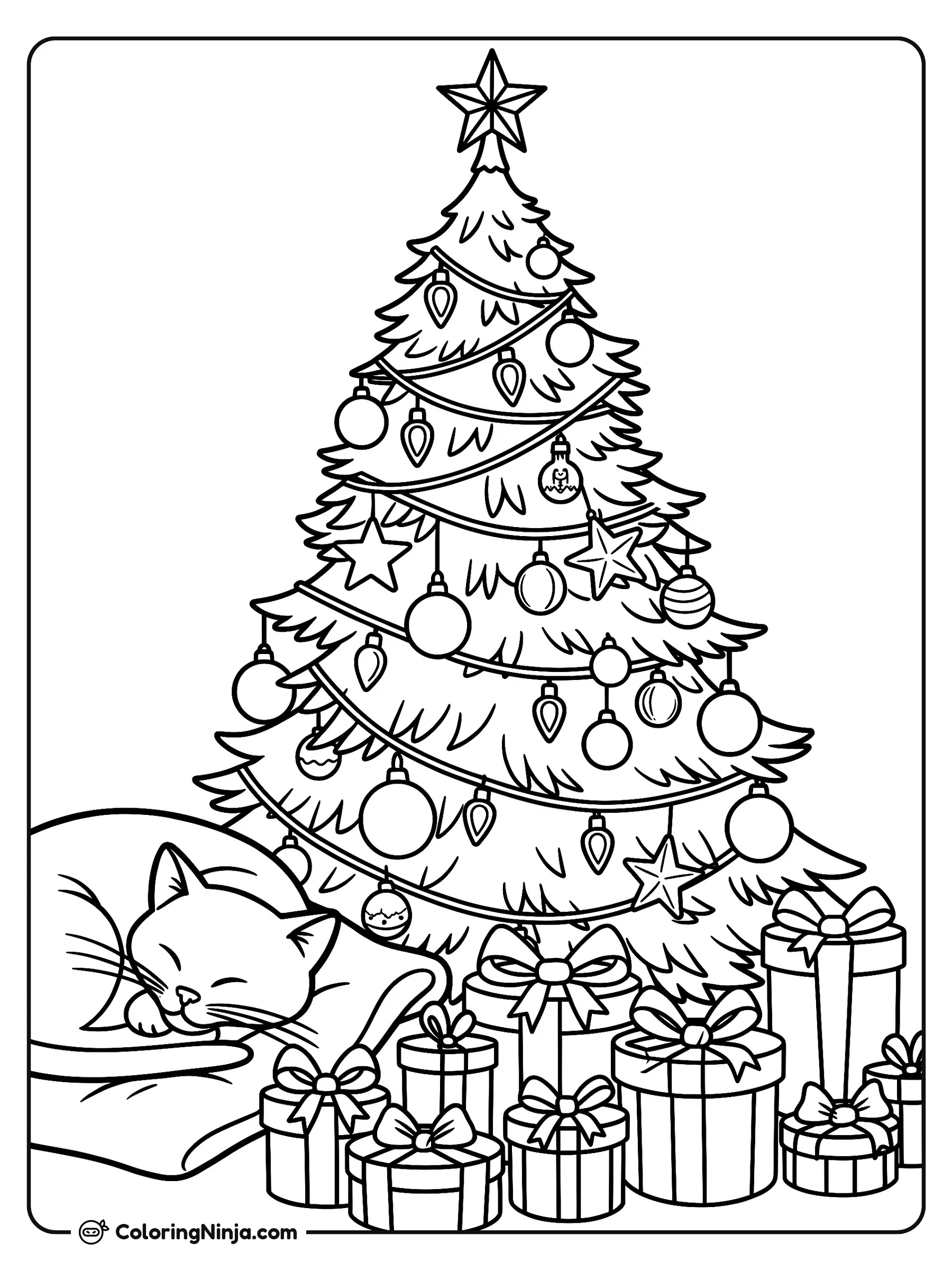 Cat Beside the Christmas Tree Coloring Page: This simple coloring page features a happy cat sleeping on a rug next to a decorated fir tree. Wrapped gift boxes with big bows rest beneath the branches.