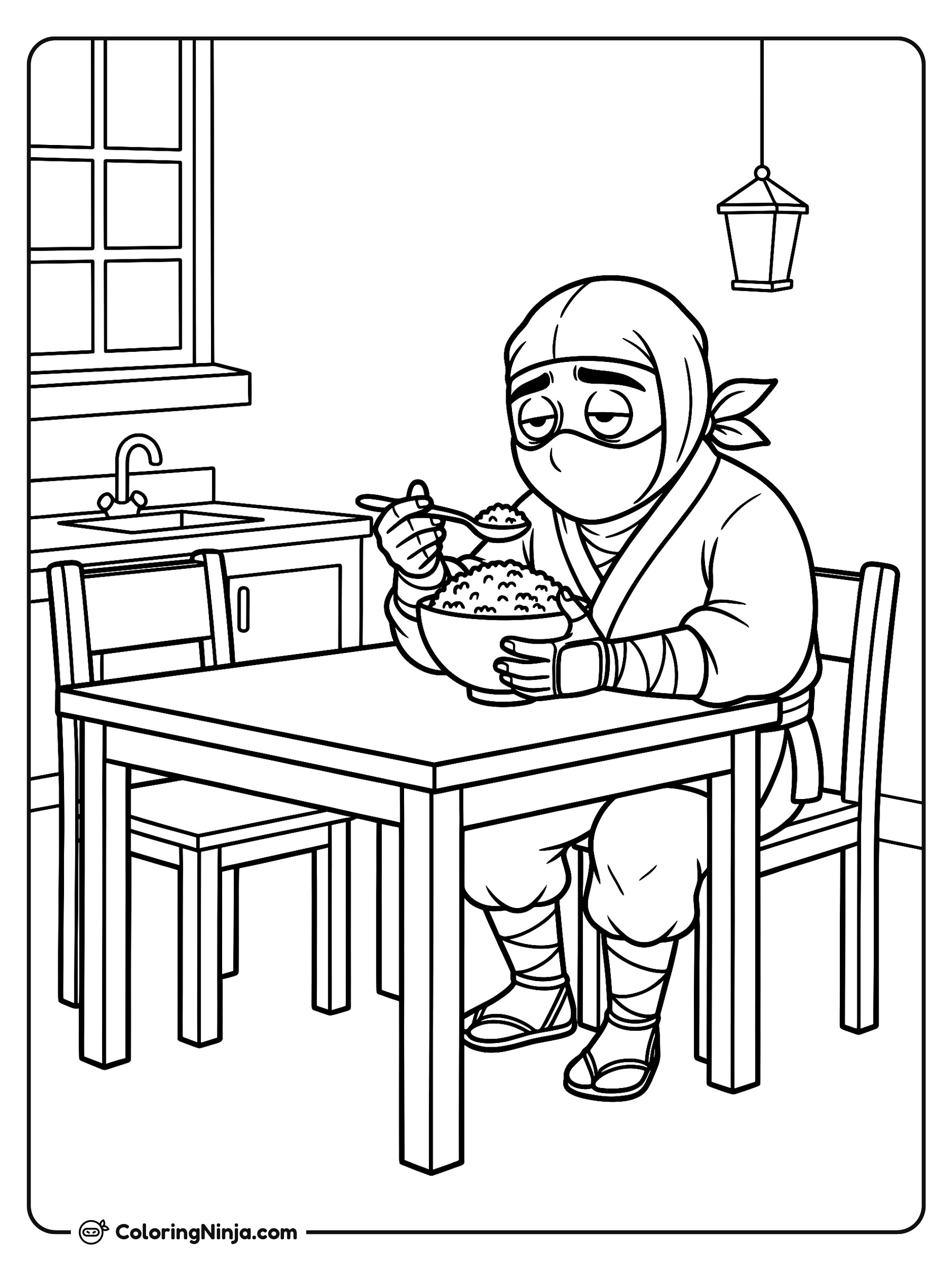 El desayuno matutino del ninja: dibujo para colorear