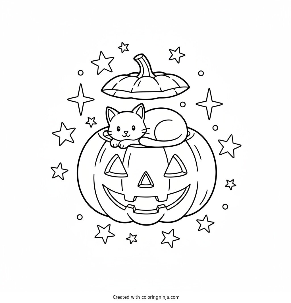 Black Cat in a Pumpkin Coloring Page