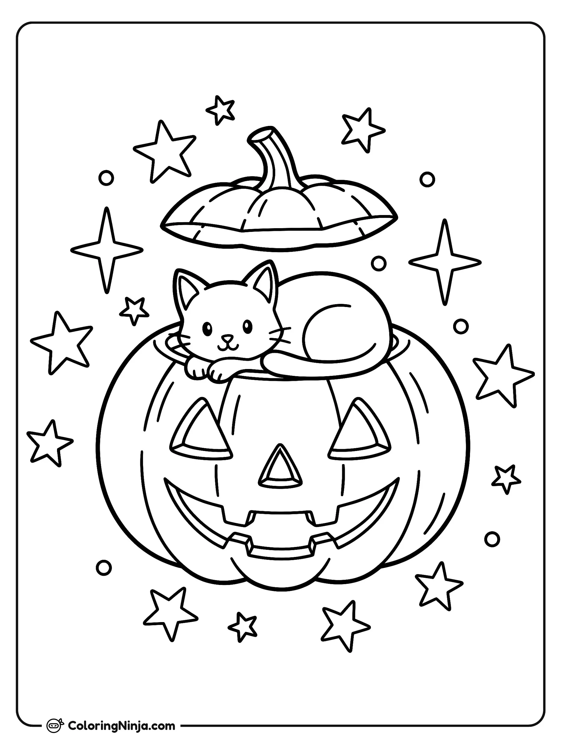 Gato negro en calabaza con estrellas mágicas, dibujo para colorear: Un tierno gatito descansa dentro de una gran calabaza tallada de Halloween mientras estrellas mágicas flotan a su alrededor.