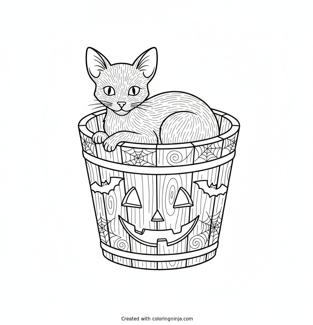 Little Cat in a Bucket Coloring Page