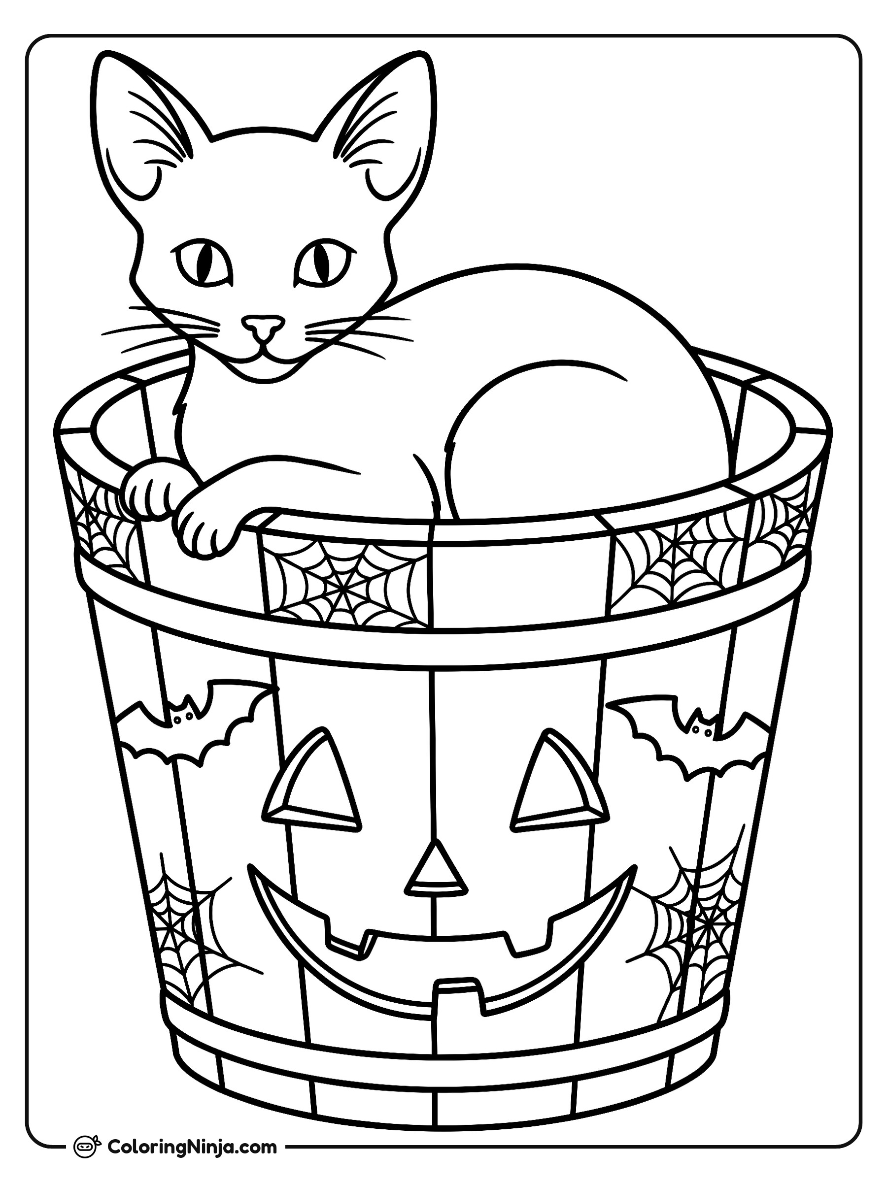 Gatito en una cubeta de Halloween: dibujo para colorear