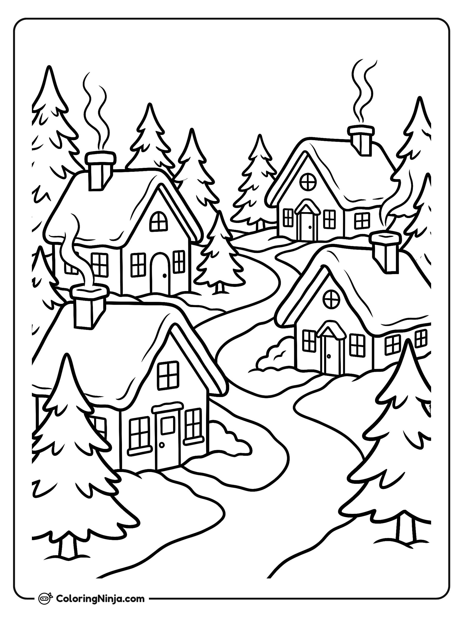 Snowy Christmas Village Coloring Page