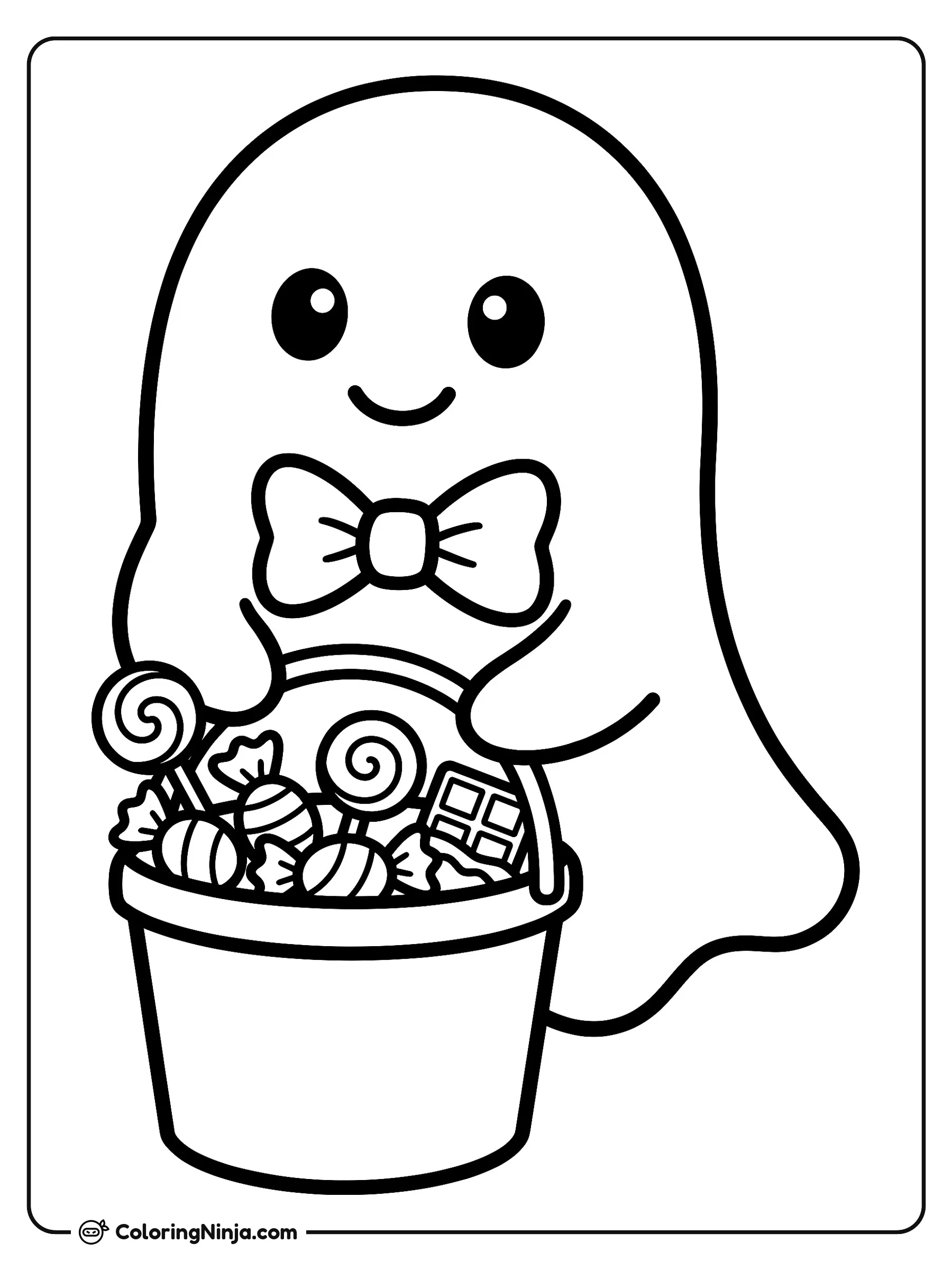 Little Ghost Collecting Sweets Coloring Page: A tiny friendly ghost floats just above the ground wearing a neat polka-dot bow tie.