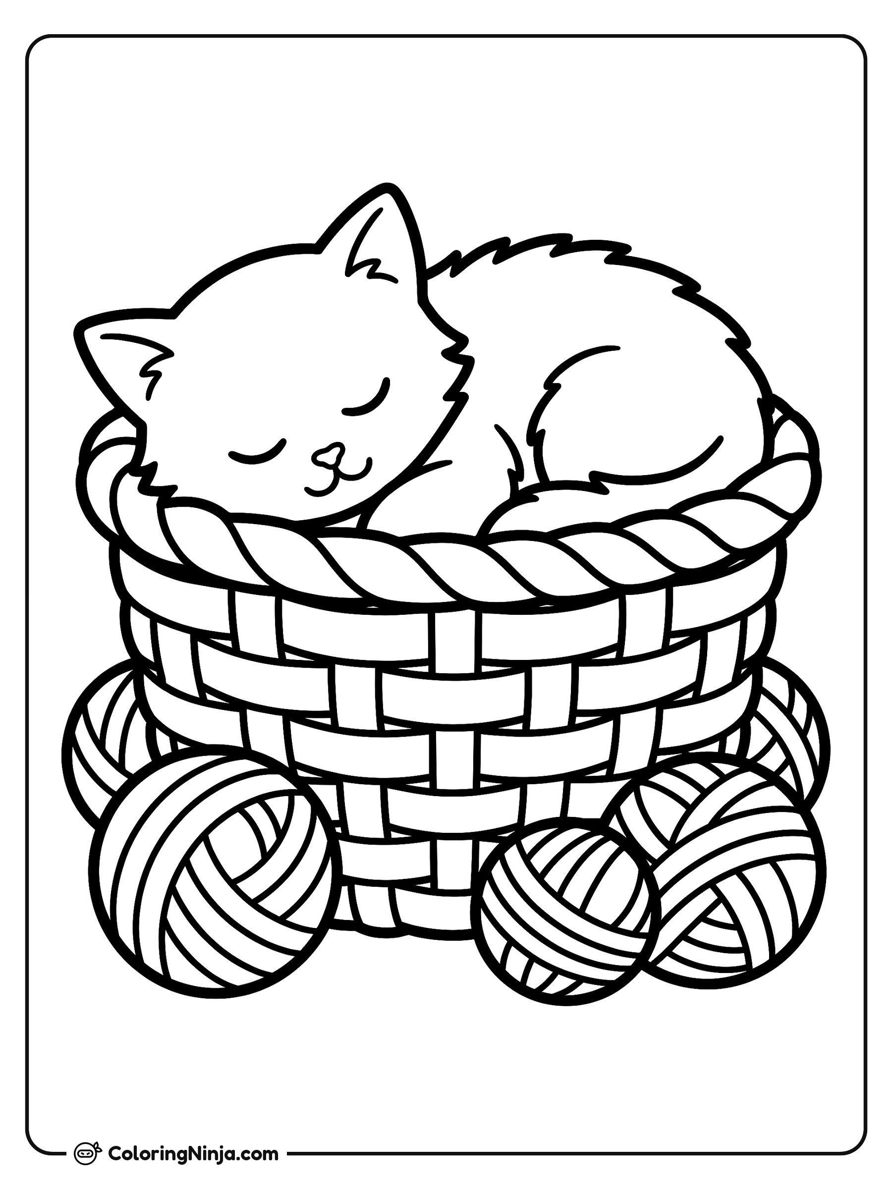 Gatito acurrucado en su cesta de lana: dibujo para colorear
