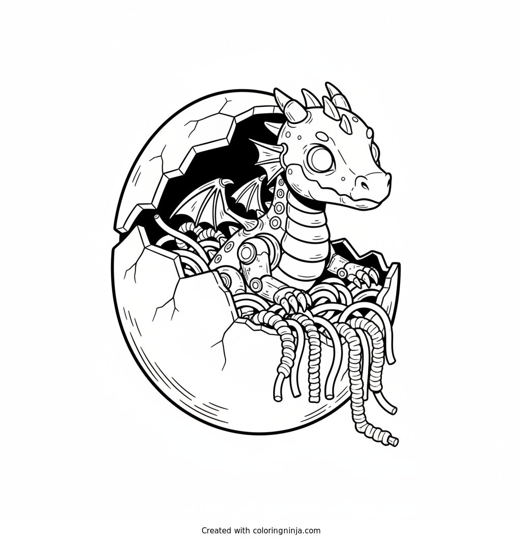 Little Robot Dragon Hatching Out Coloring Page