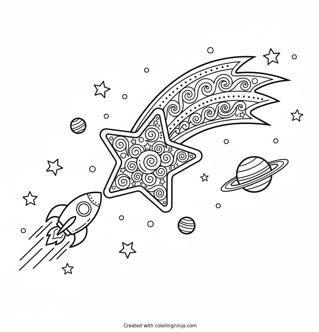 Rocket and Shooting Star Coloring Page