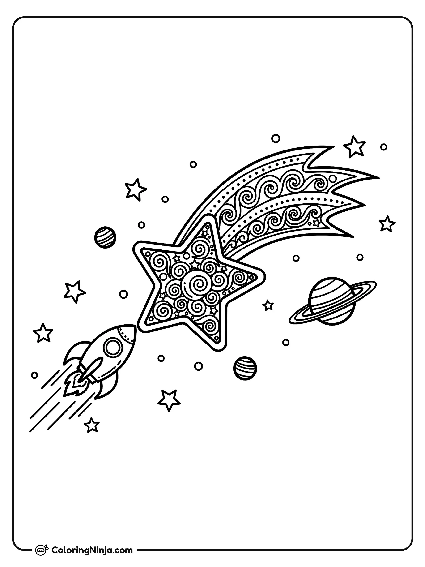 Cohete y estrella fugaz, dibujo para colorear: Un cohete viaja por el espacio exterior junto a una gran estrella fugaz con una llamativa estela decorada.