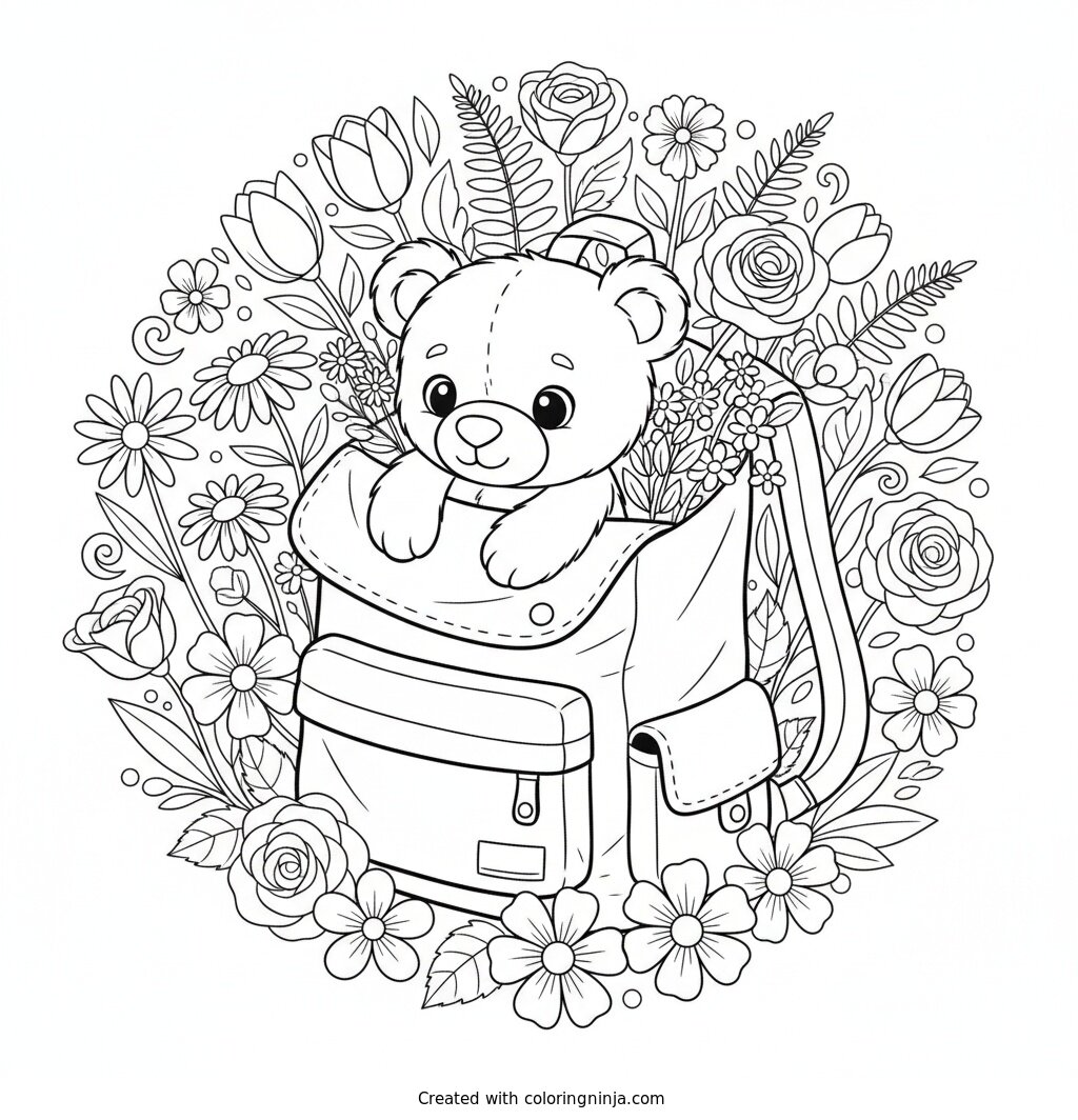 Teddy Bear In A Backpack Coloring Page