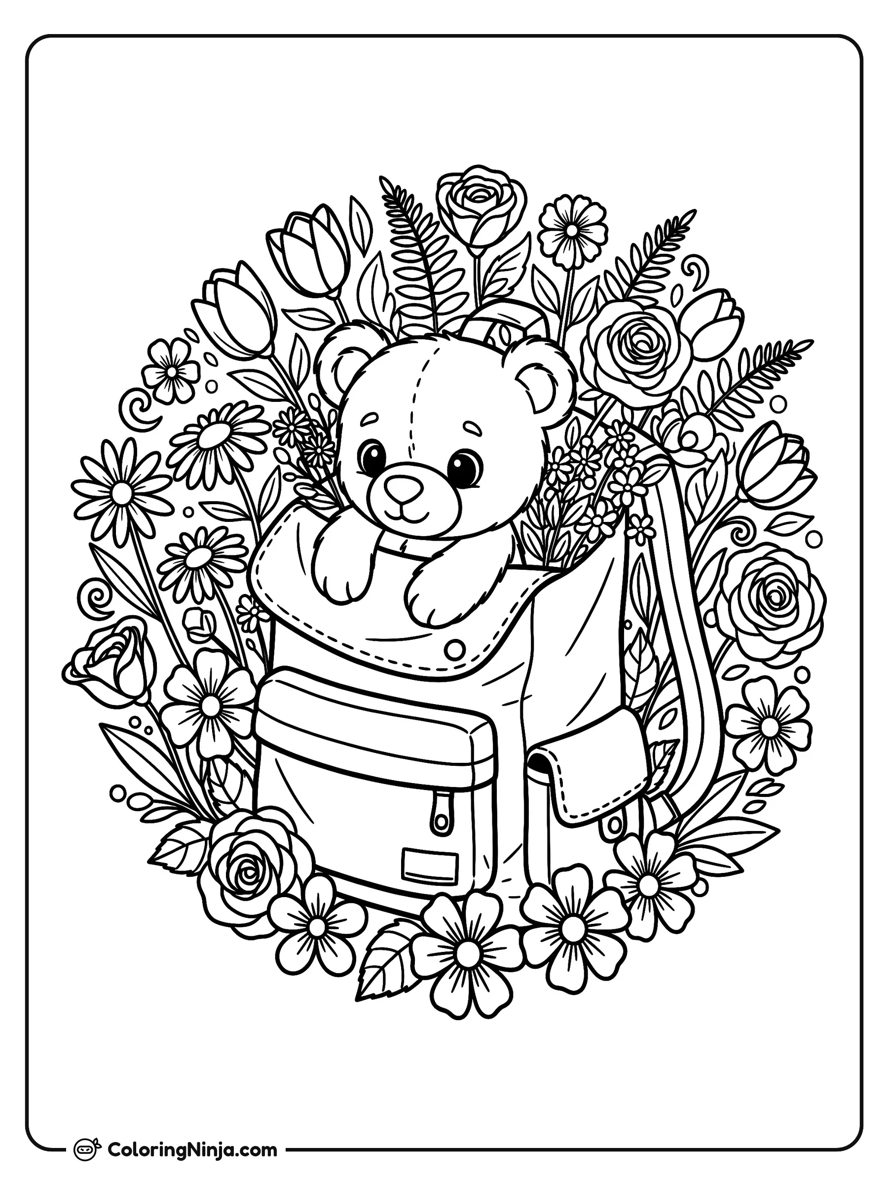 Oso de peluche en una mochila, dibujo para colorear: Un tierno oso de peluche asoma sus patitas desde una mochila abierta rodeada de hermosas flores y hojas.