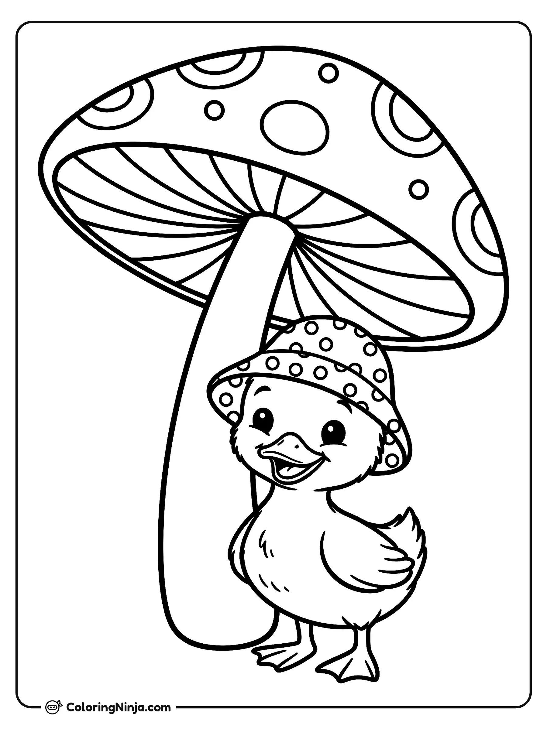 Patito bajo el hongo en la lluvia, dibujo para colorear: Un alegre patito con un sombrero a lunares se refugia bajo un hongo gigante durante la lluvia de primavera. El gran hongo funciona como un paraguas natural que lo protege al aire libre.