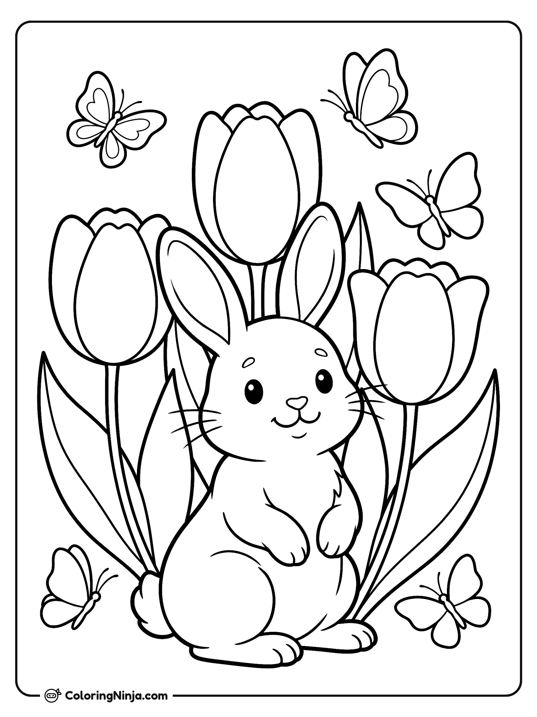 Little Bunny in the Tulips Coloring Page