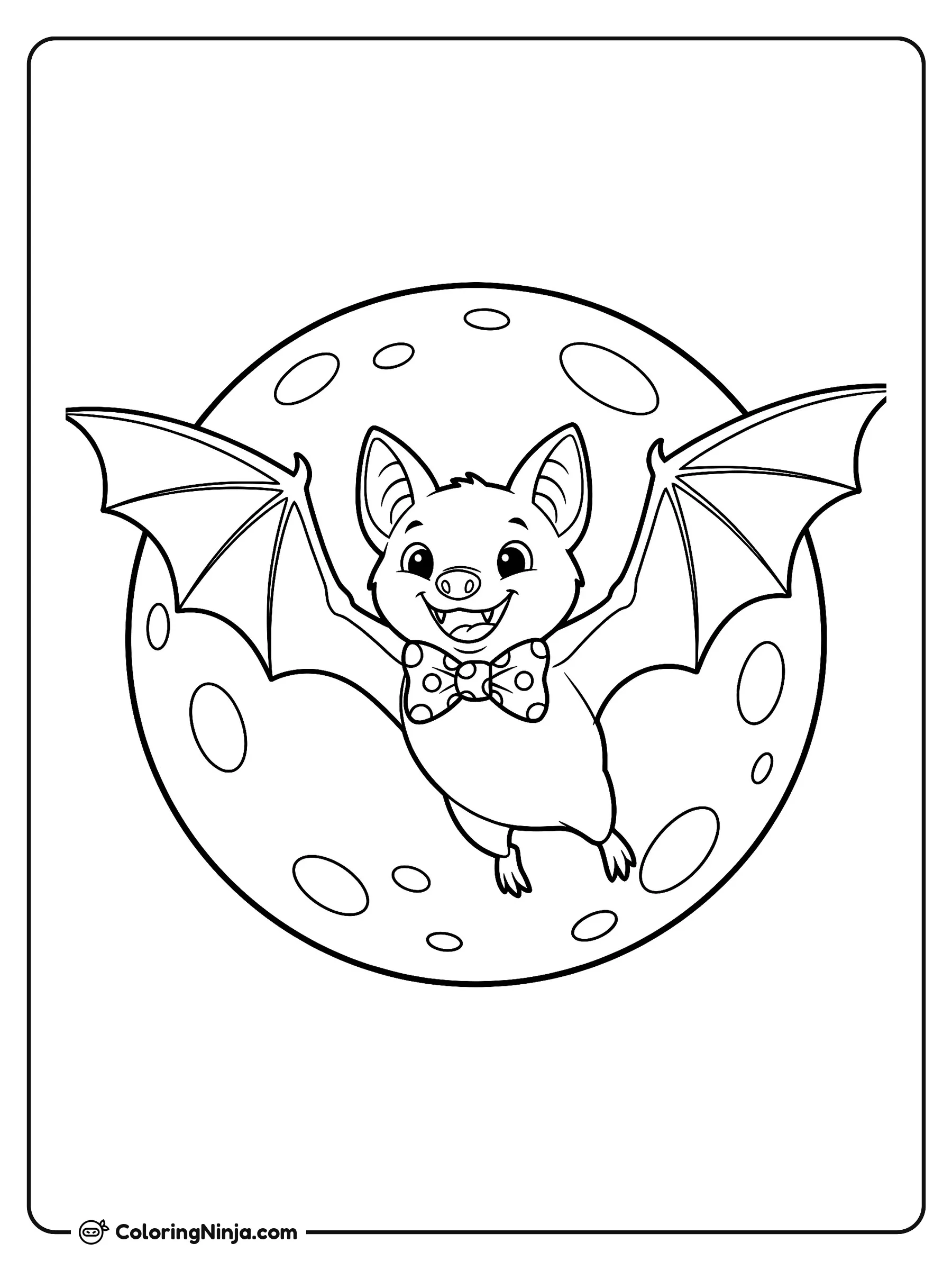 Murciélago sonriente frente a la luna, dibujo para colorear: Un alegre murciélago con moño de lunares vuela libremente por el cielo nocturno. De fondo, una gran luna llena con cráteres ilumina toda la escena.