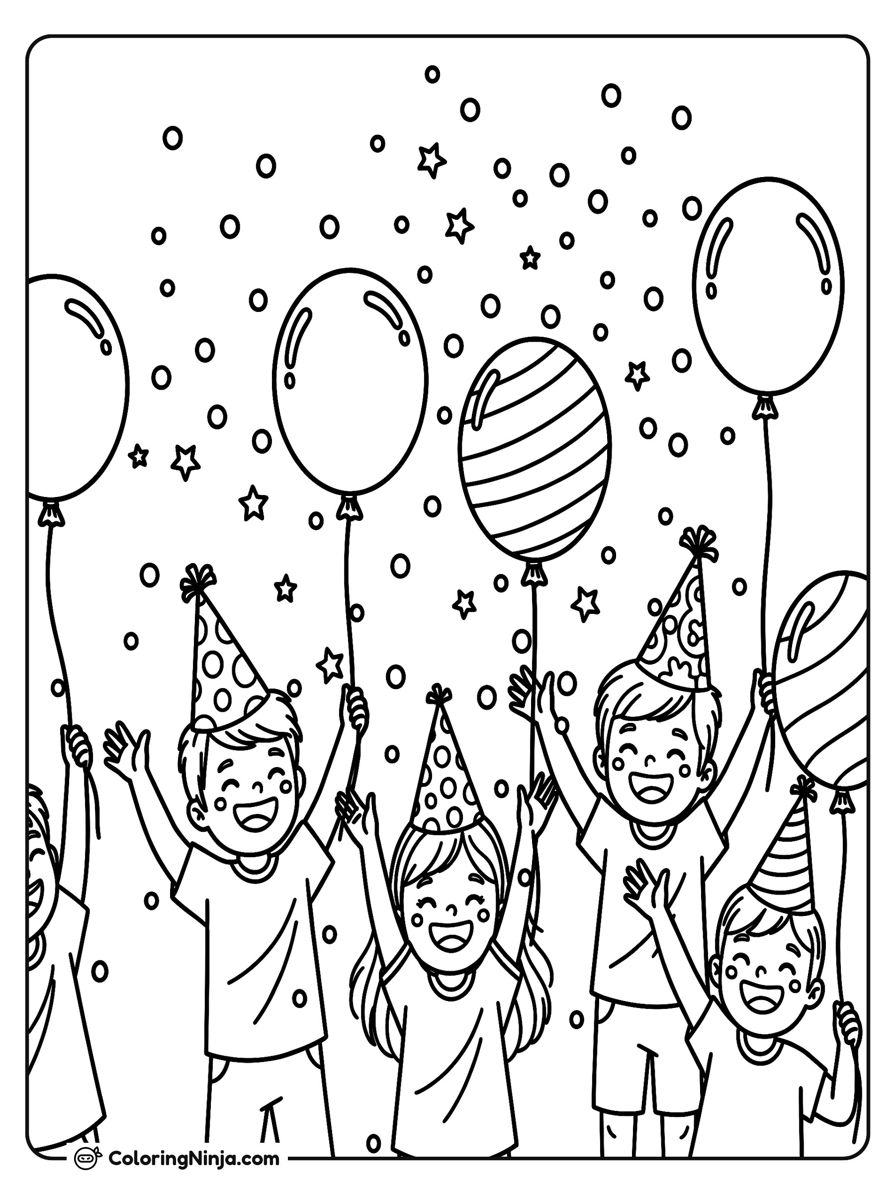 Niños celebrando con confeti y globos: dibujo para colorear