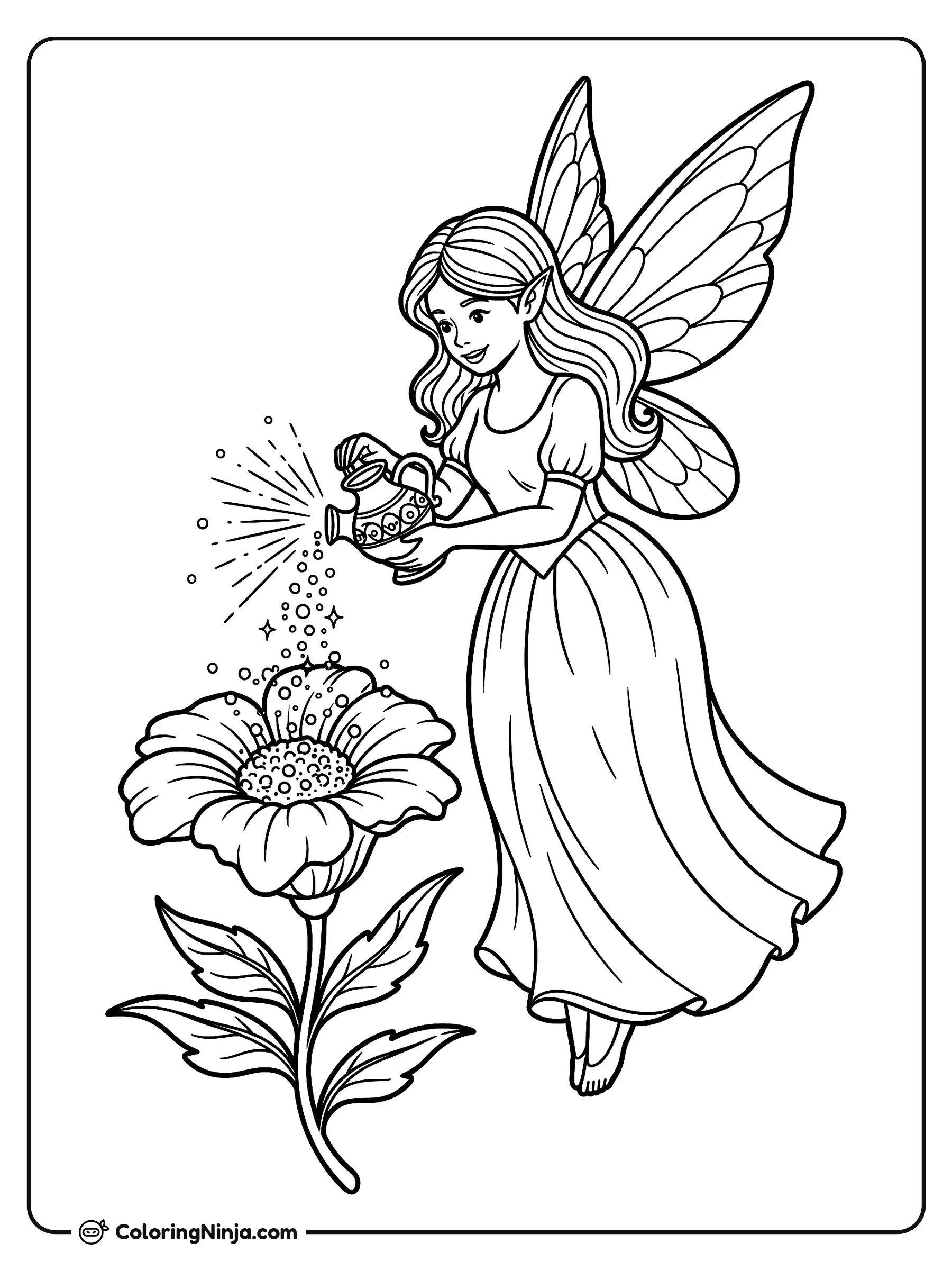 Hada esparciendo polvo mágico en el jardín, dibujo para colorear: Una encantadora hada con grandes alas flota en el aire mientras derrama polvo mágico sobre una flor en crecimiento.