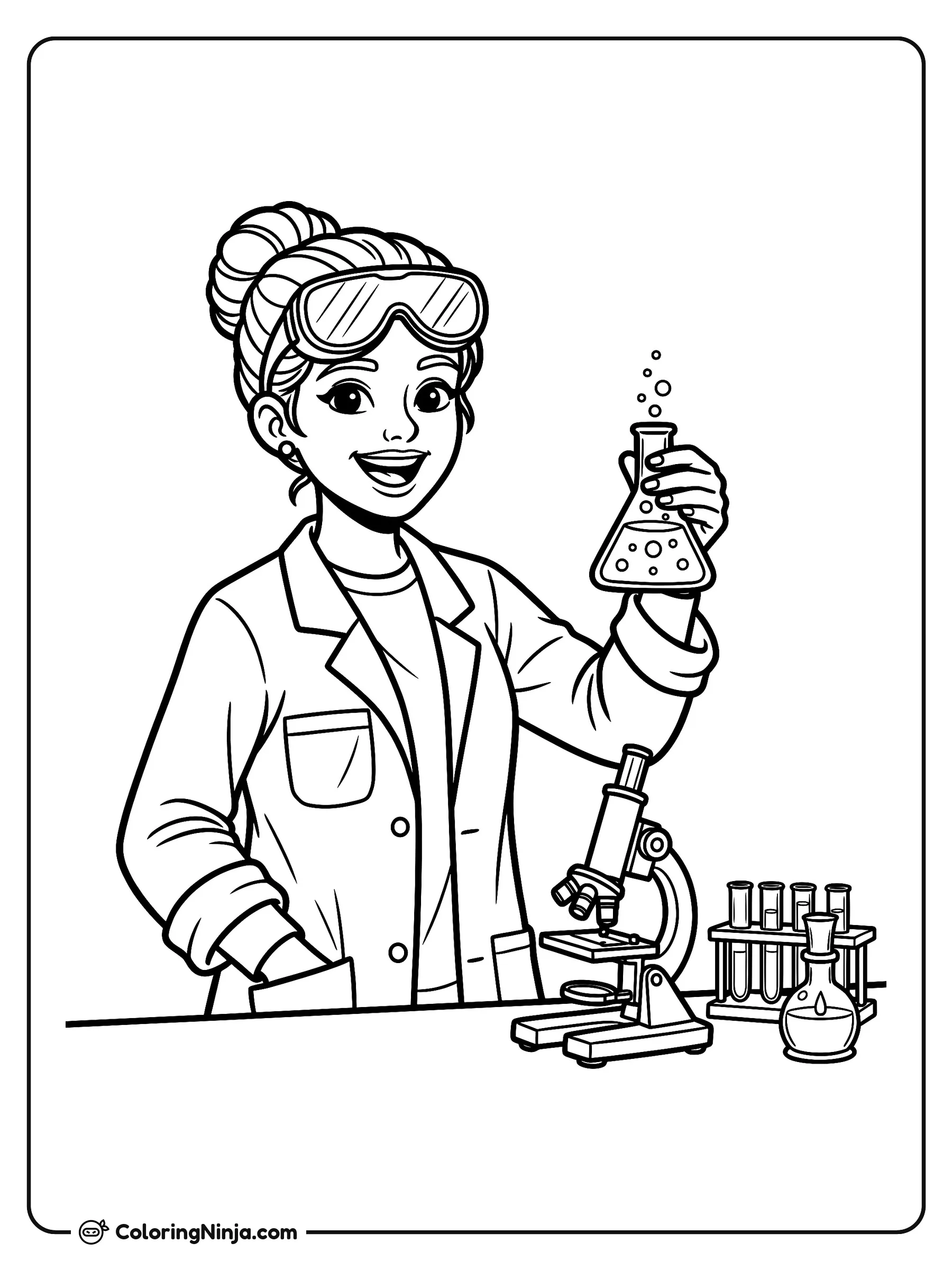 Una amigable exploradora del laboratorio de ciencias, dibujo para colorear: Una sonriente exploradora científica con gafas protectoras y bata de laboratorio sostiene un matraz con burbujas en su mesa de trabajo.