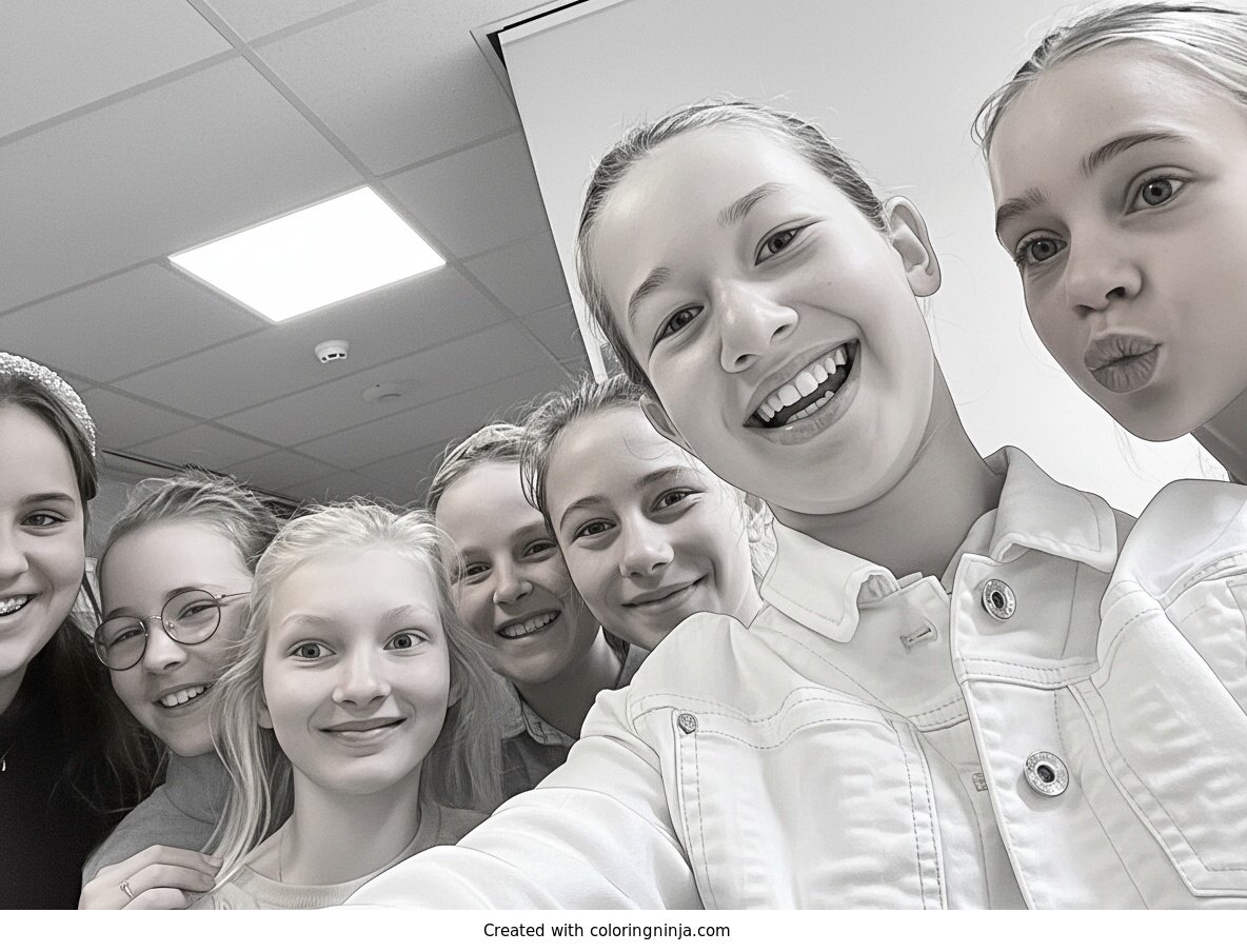 Coloring page of Smiling Girls in a Selfie Group Photo