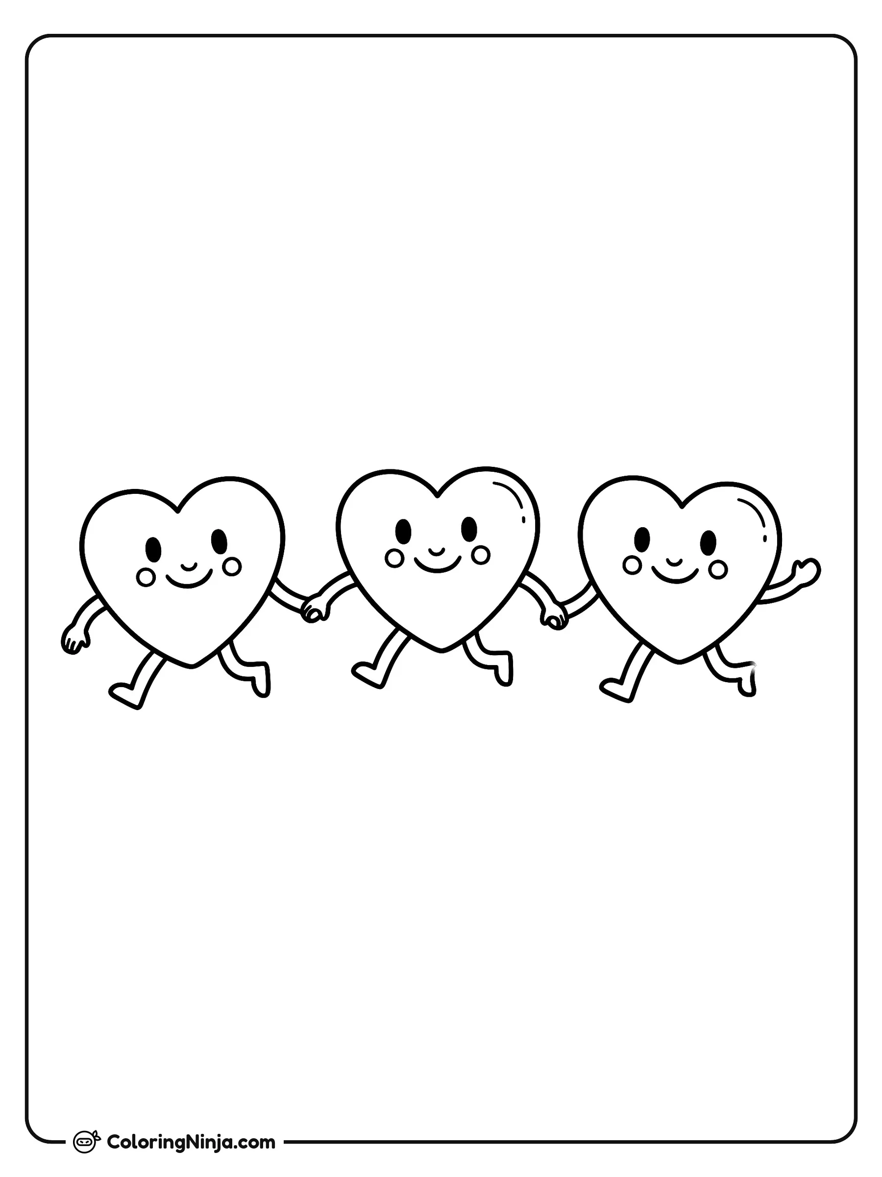 Corazones sonrientes tomados de la mano, dibujo para colorear: Tres alegres corazones caminan juntos en fila tomados de la mano, mostrando caras felices y mejillas sonrosadas.