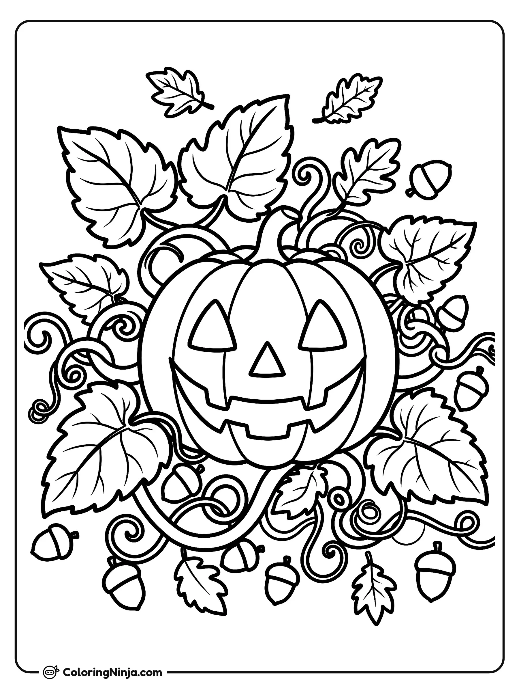 Calabaza feliz en el huerto, dibujo para colorear: Una alegre calabaza de Halloween descansa rodeada de grandes hojas, enredaderas y bellotas dispersas. Es un diseño otoñal ideal para niños de 4 a 8 años.