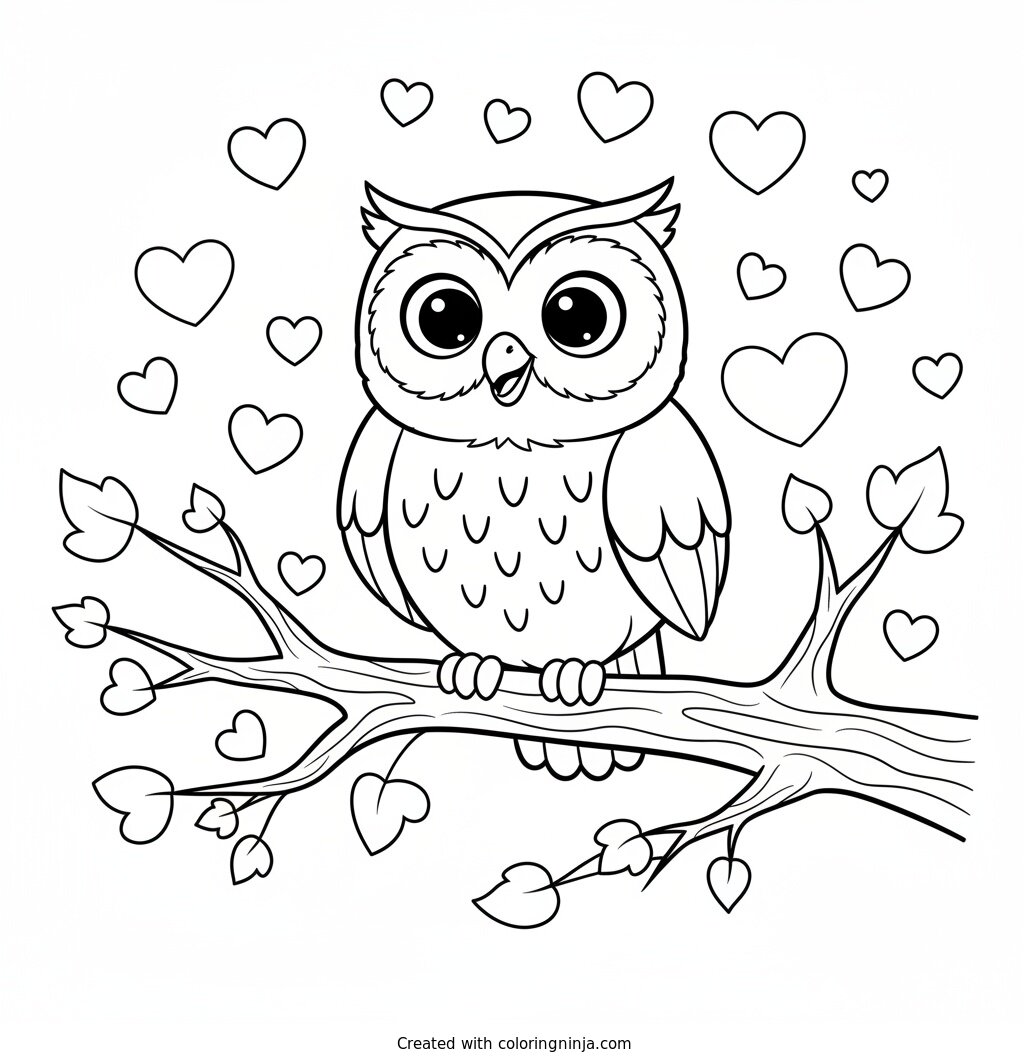 Wise Owl with Heart Leaves Coloring Page