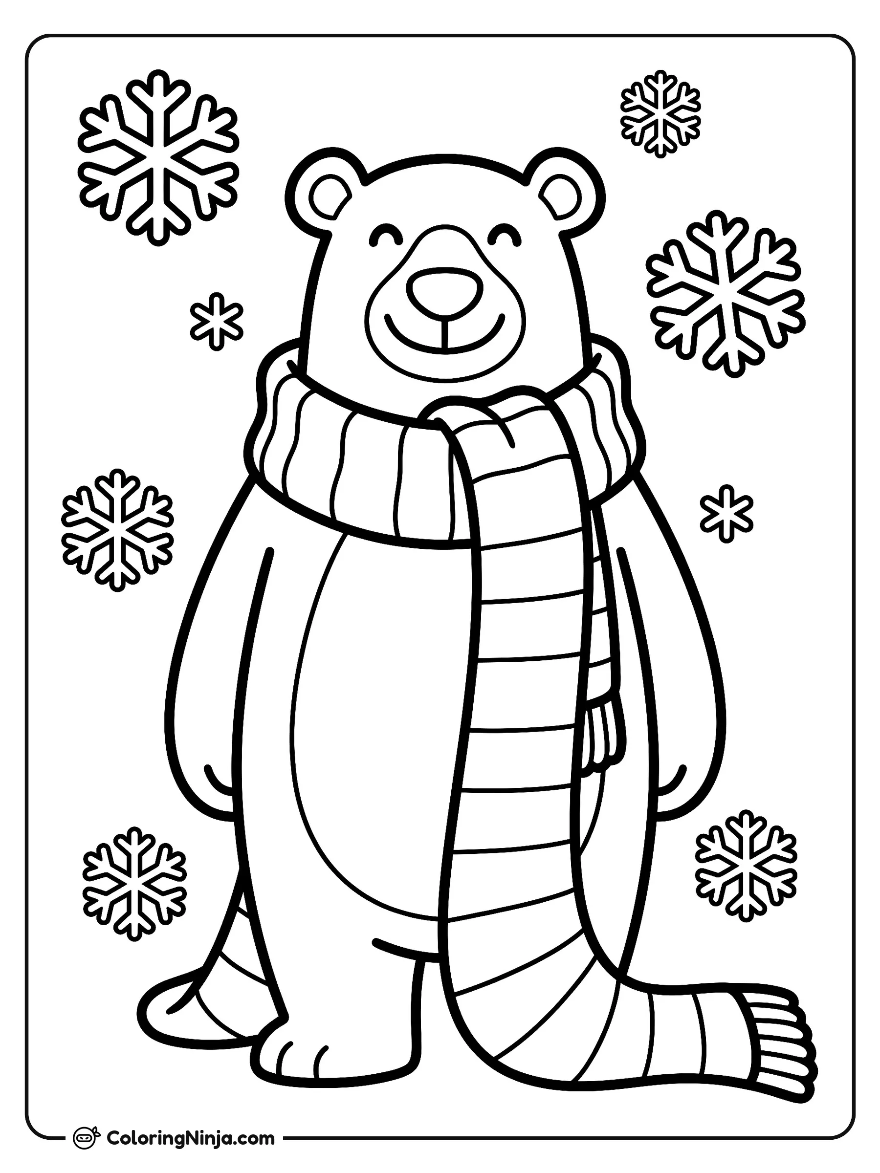 Oso polar abrigado con bufanda, dibujo para colorear: Un alegre oso polar posa feliz en el centro mientras lleva una larga bufanda a rayas envuelta en el cuello. A su alrededor caen grandes copos de nieve de bonitas formas geométricas.