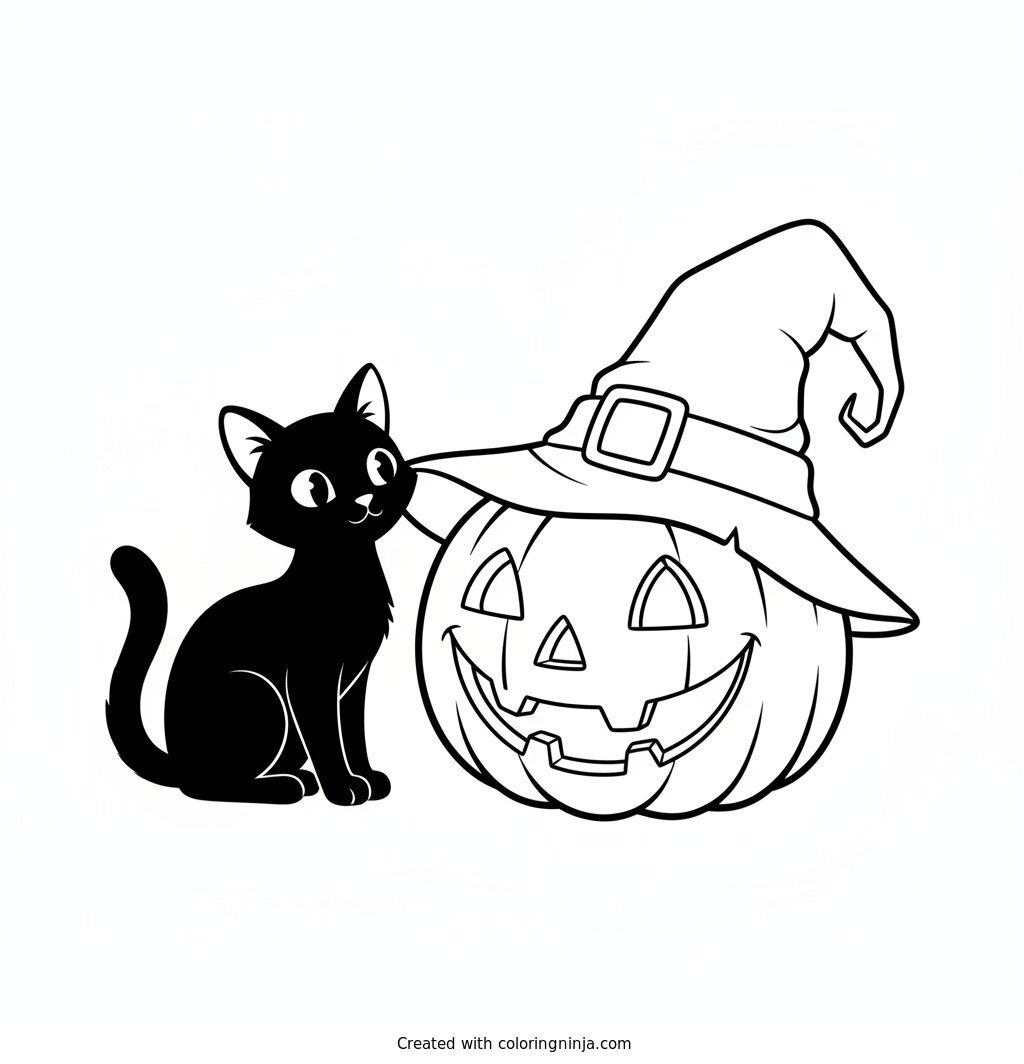 Friendly Pumpkin and Black Cat Coloring Page