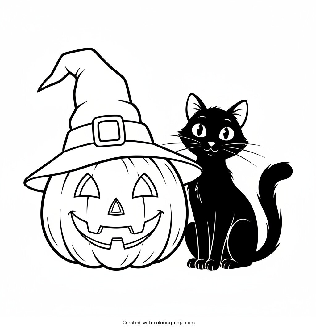 Friendly Cat and Jack O Lantern Coloring Page