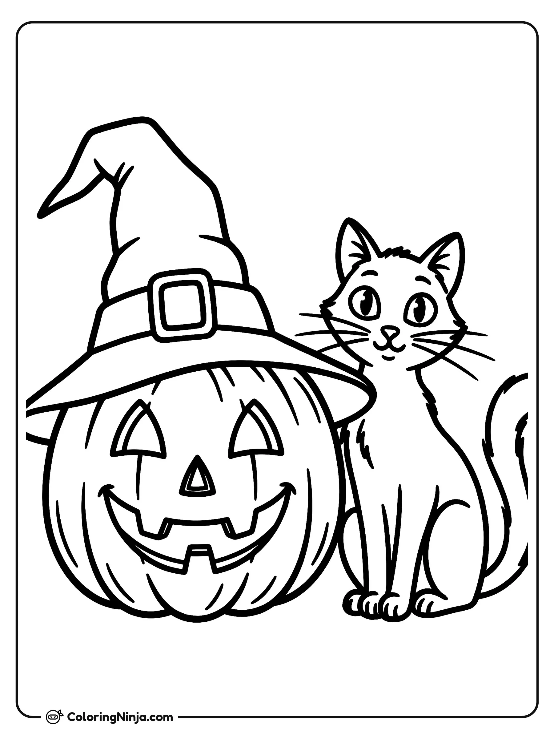 Gato amigable y calabaza de Halloween, dibujo para colorear: Una sonriente calabaza tallada con sombrerito de bruja posa junto a un simpático gato. El felino permanece sentado mirando al frente con sus grandes ojos bien abiertos.