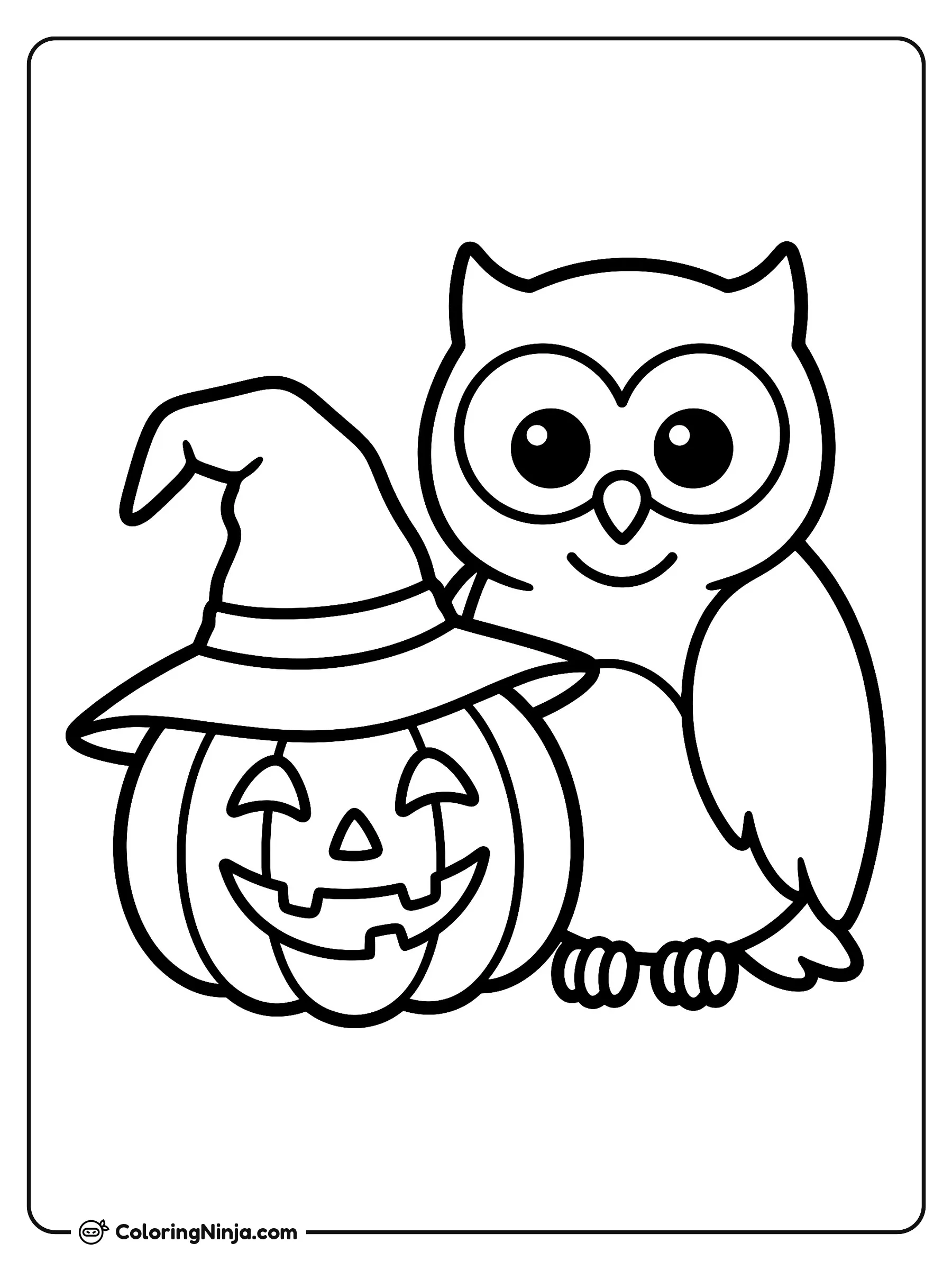 La calabaza amigable y el búho, dibujo para colorear: Una calabaza sonriente con sombrerito de bruja posa junto a un simpático búho de ojos grandes. La escena presenta un ambiente sencillo de Halloween con figuras amplias e identificables.