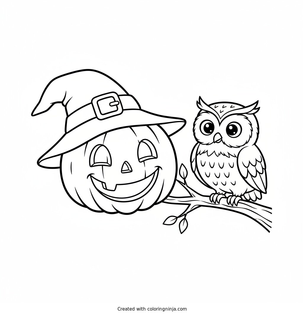 The Friendly Owl and Pumpkin Coloring Page