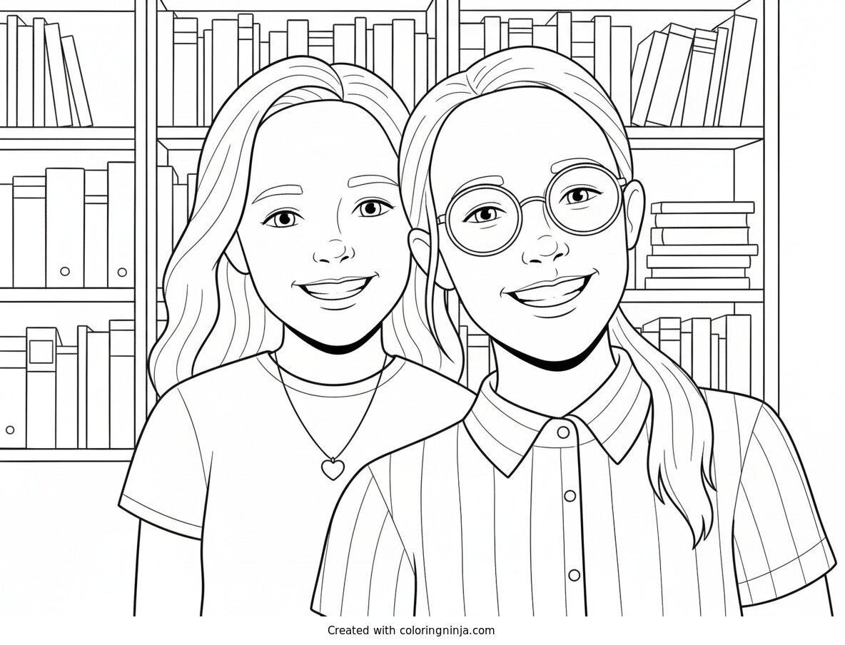 Coloring page of Smiling School Girls Posing for a Photo