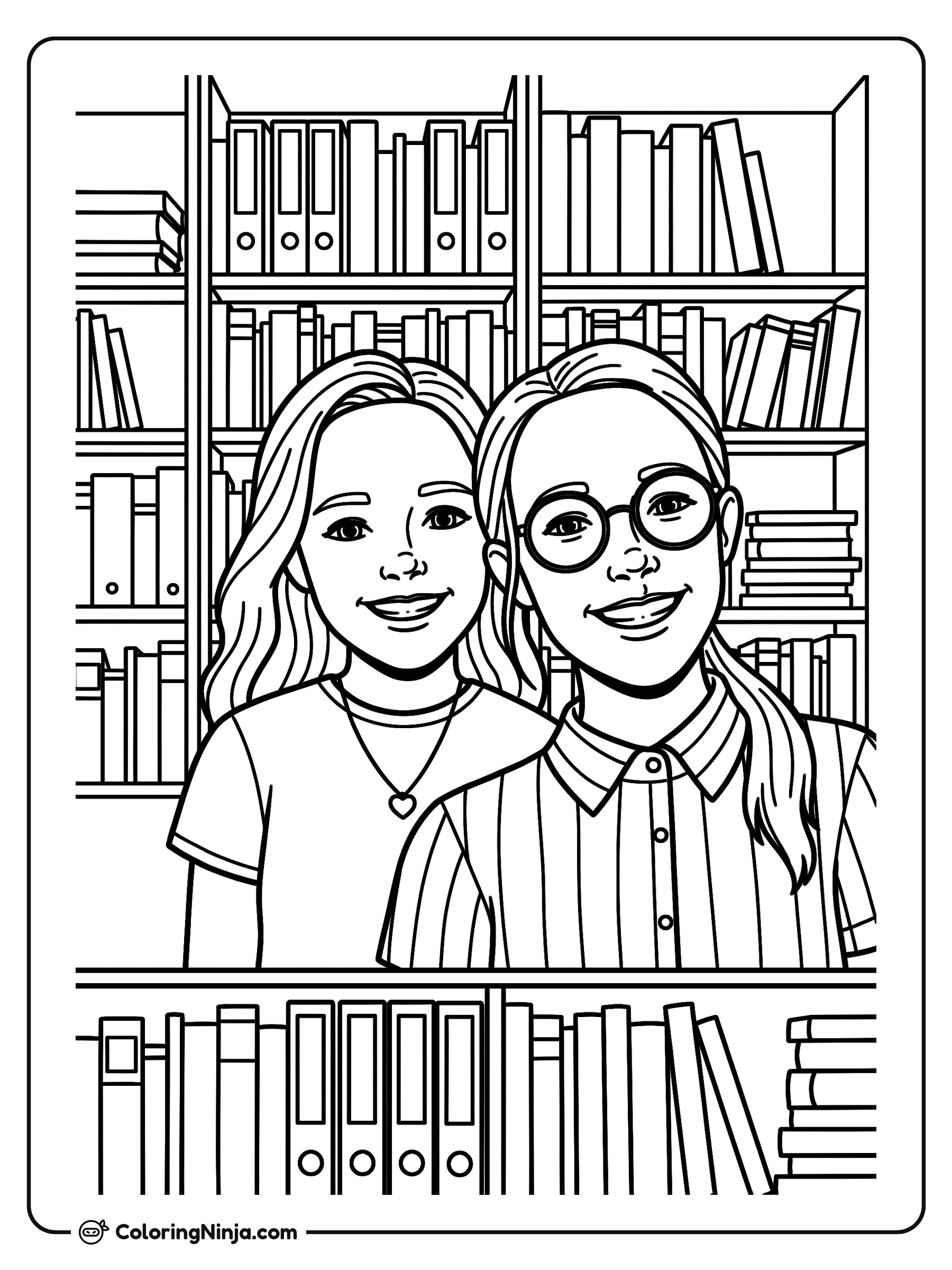 Niñas escolares sonrientes posando para foto: dibujo para colorear
