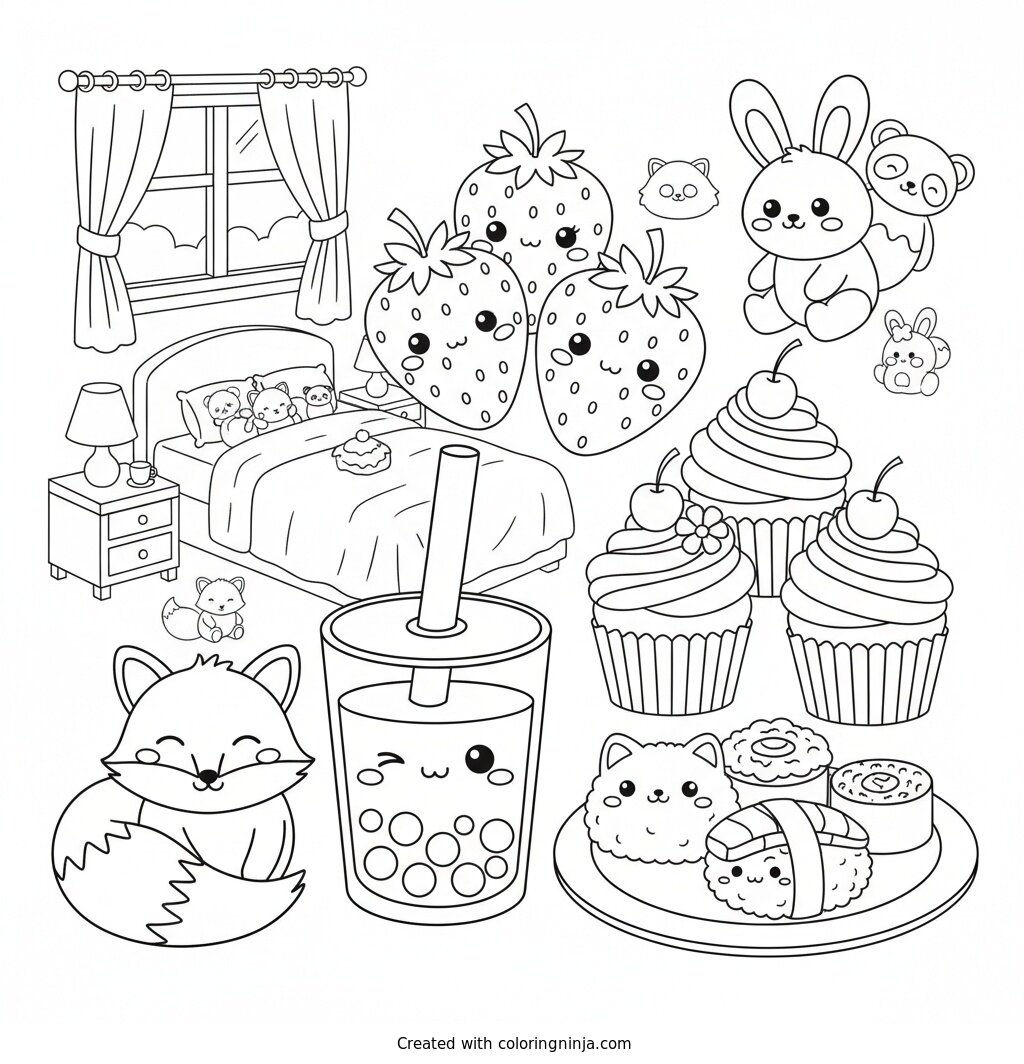 Cute Collectibles and Cozy Room Coloring Page