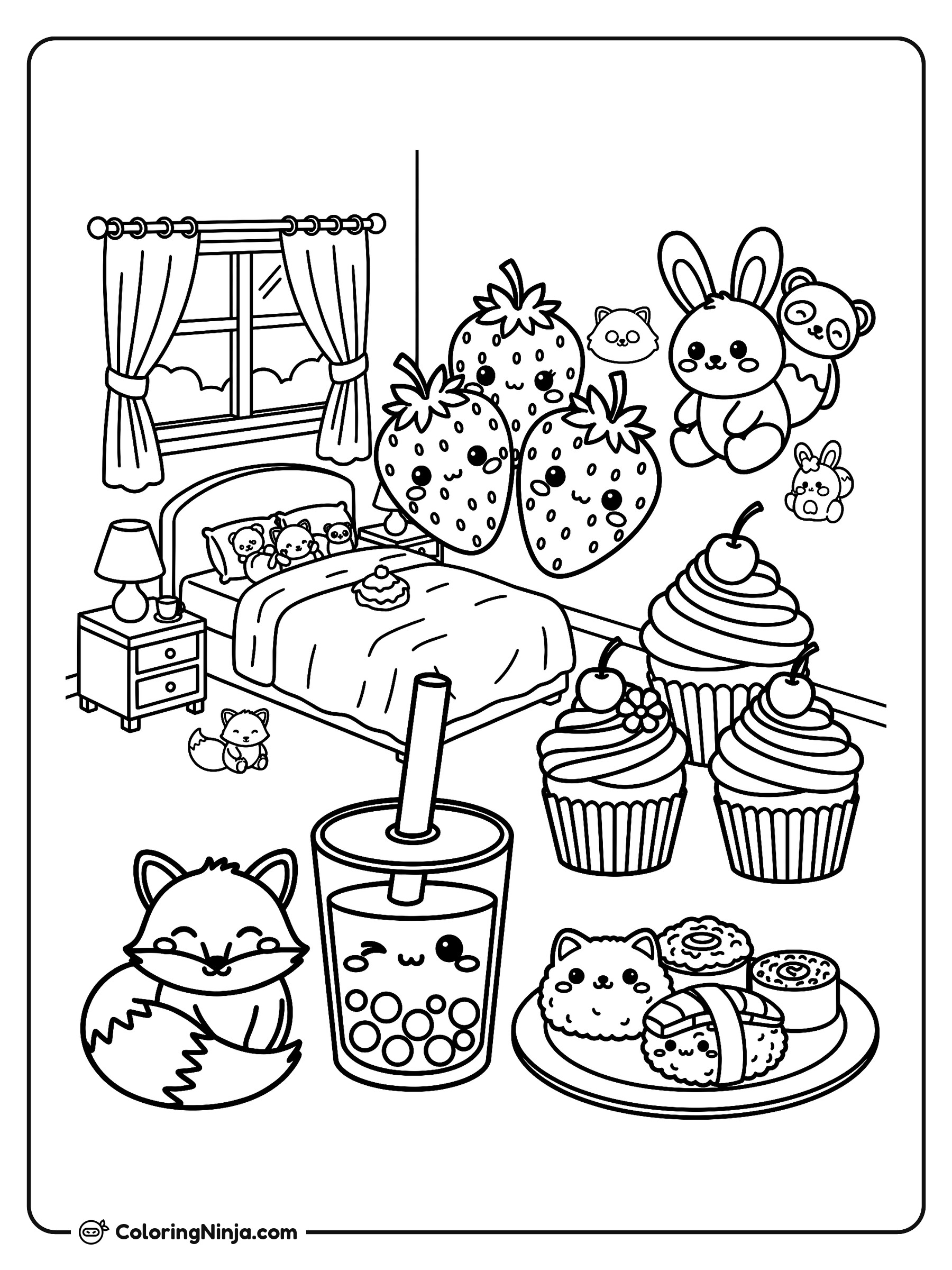 Coleccionables tiernos y habitación acogedora: dibujo para colorear