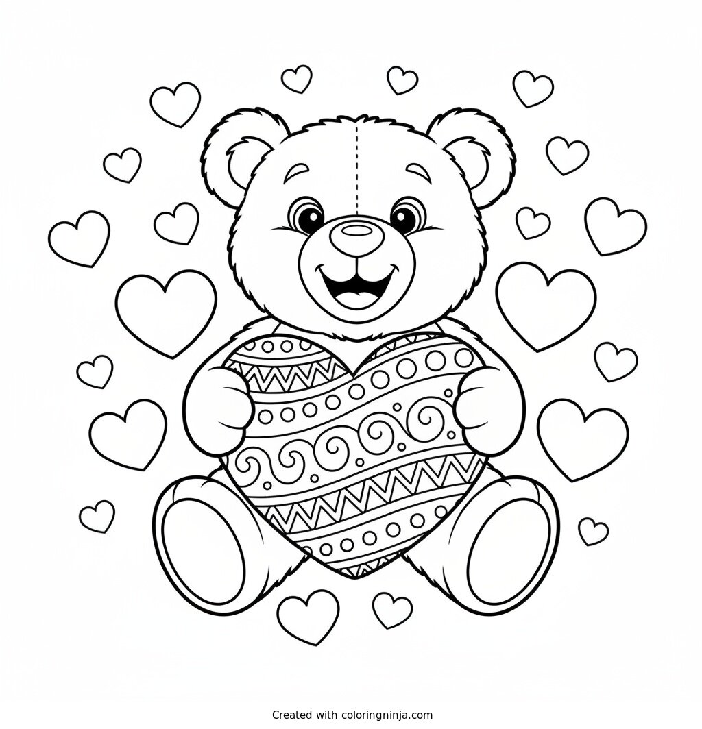 Friendly Bear Holding Big Heart Coloring Page