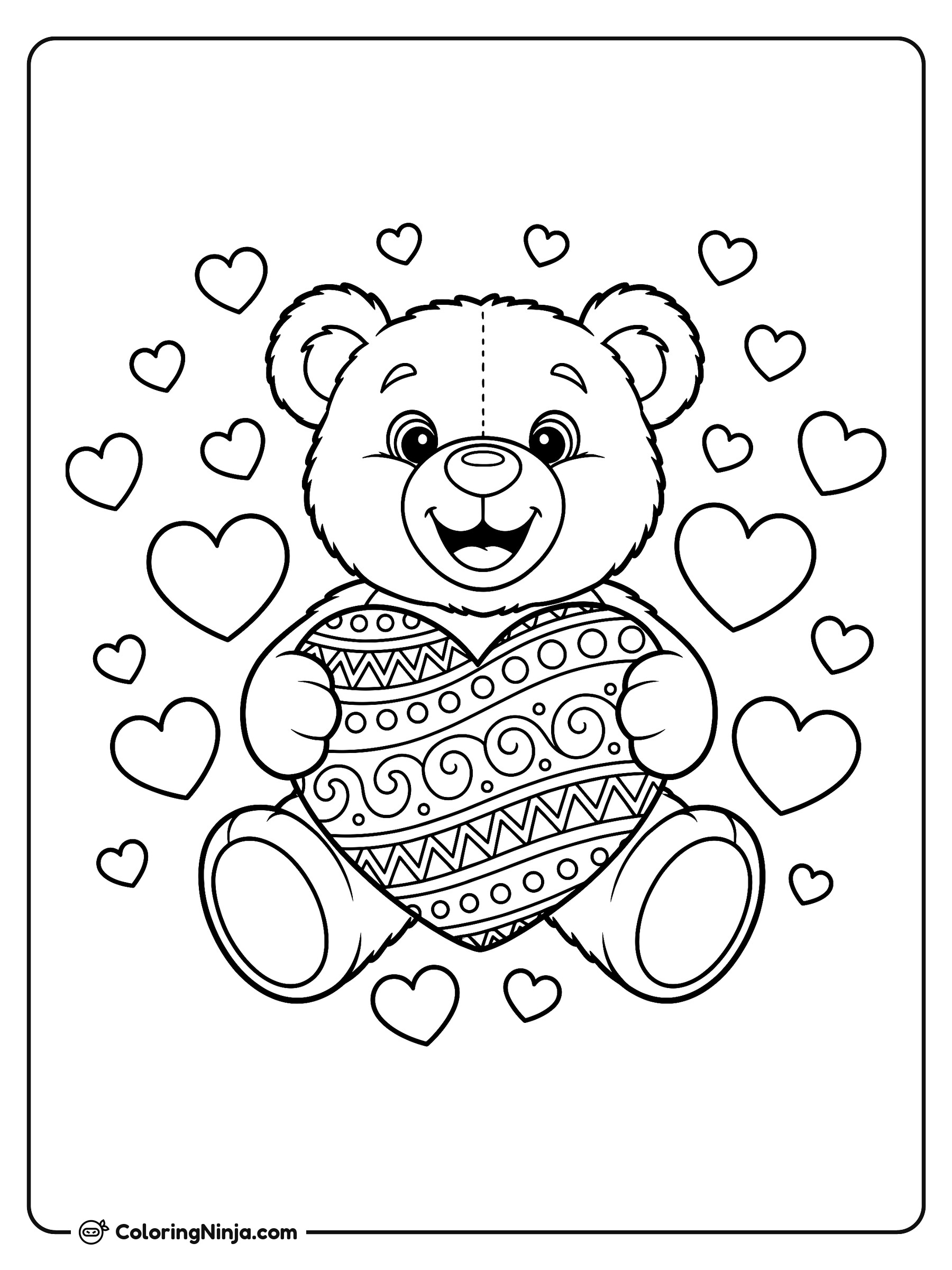 Oso Amigable con Gran Corazón Decorado: dibujo para colorear