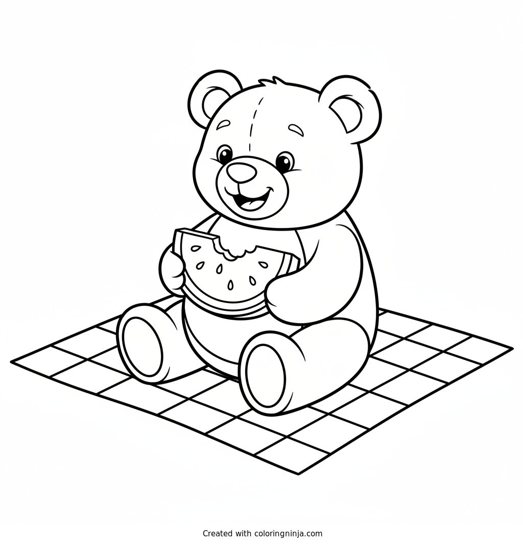 Teddy Bear Watermelon Picnic Coloring Page