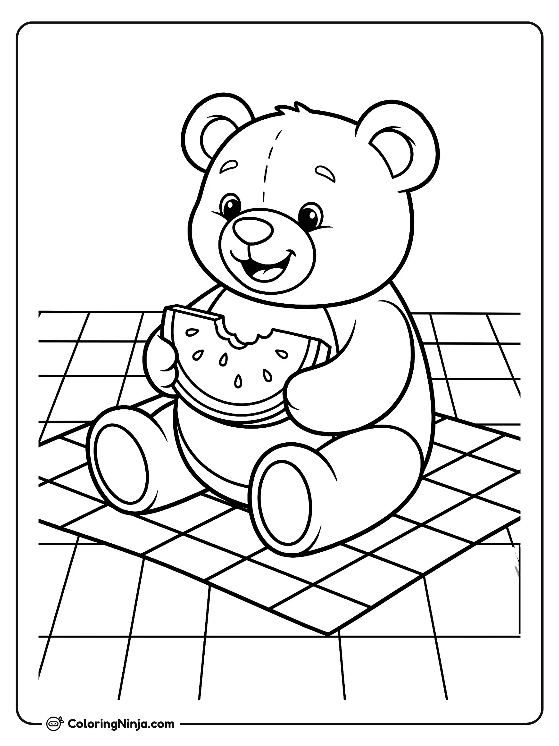 Pícnic del oso de peluche con sandía, dibujo para colorear: Un feliz oso de peluche está sentado cómodamente en una manta a cuadros mientras disfruta de un día al aire libre.