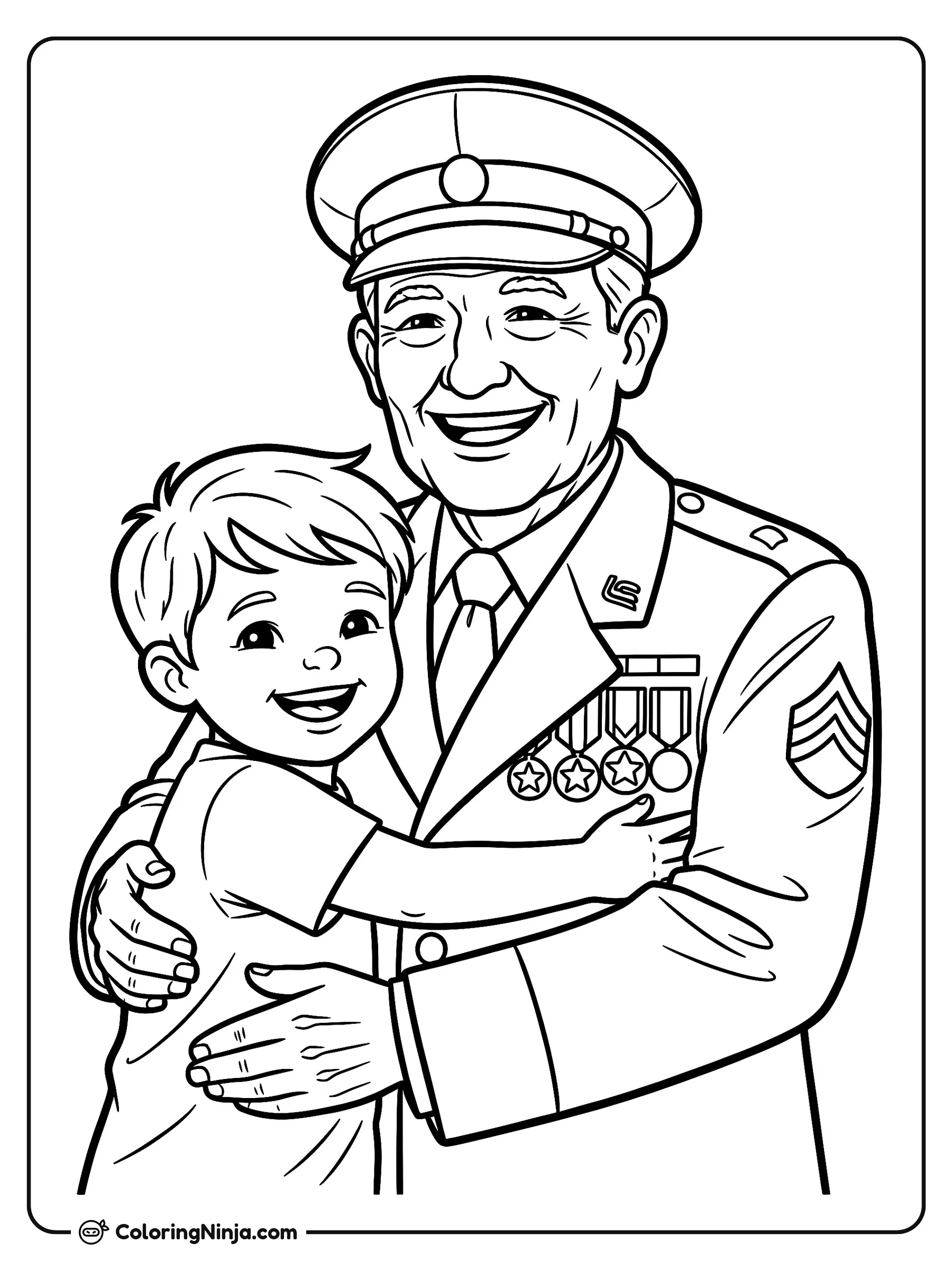 Un cálido abrazo de bienvenida, dibujo para colorear: Un sonriente militar con uniforme de gala y medallas abraza cariñosamente a un niño. El pequeño rodea con sus brazos al soldado en un conmovedor reencuentro.