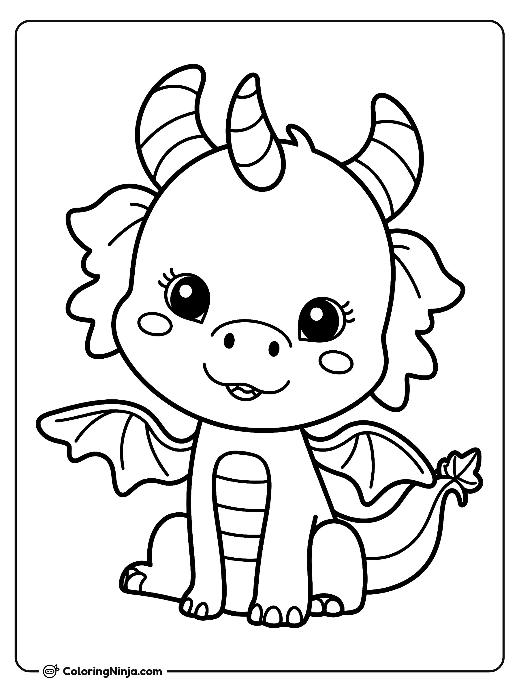 Un tierno bebé dragón sonriente, dibujo para colorear: Un adorable bebé dragón está sentado educadamente mientras mira hacia adelante con ojos grandes y amigables.