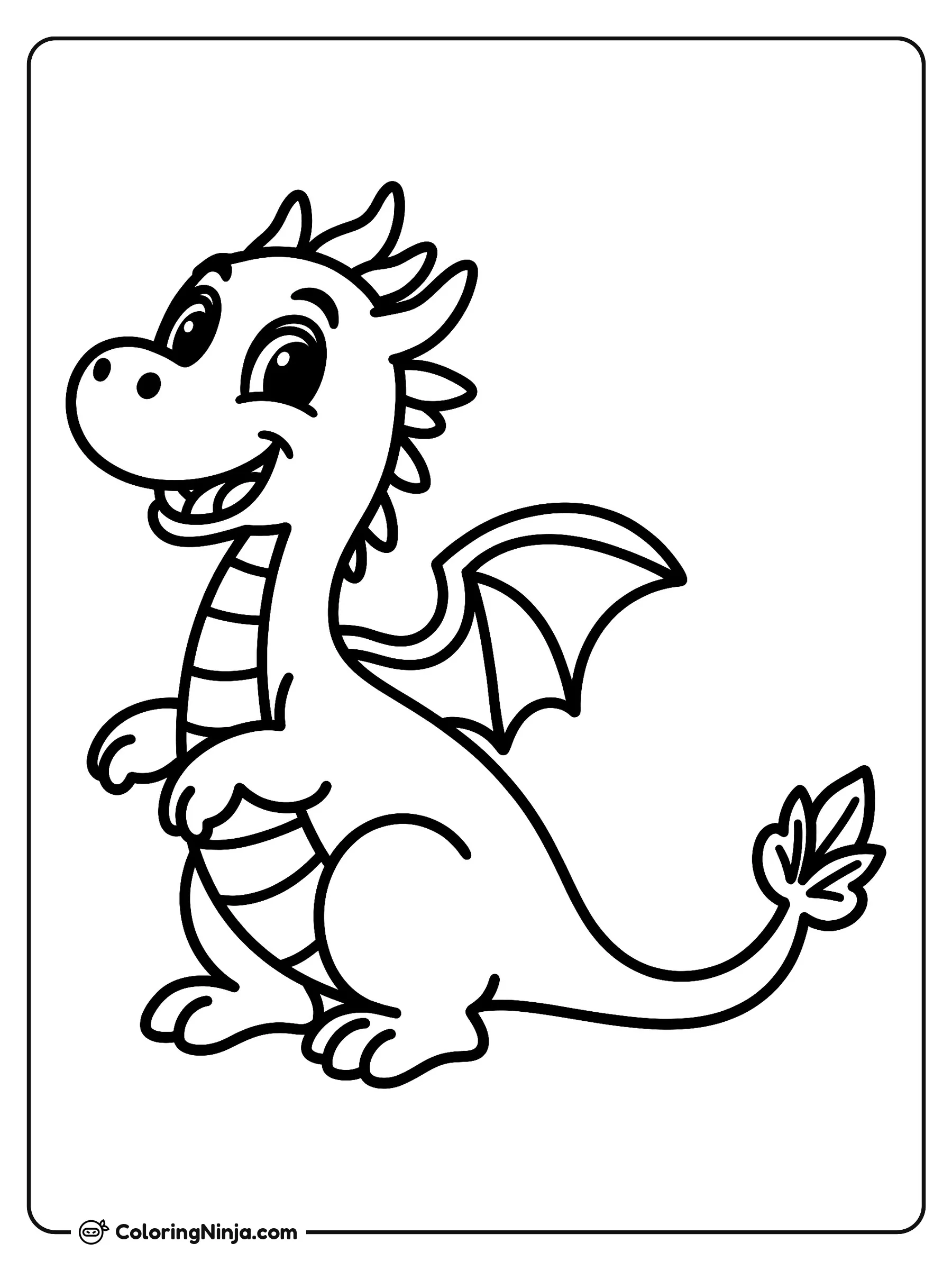Un dragón sonriente de perfil, dibujo para colorear: Un simpático dragón mira hacia adelante con una gran sonrisa de felicidad.