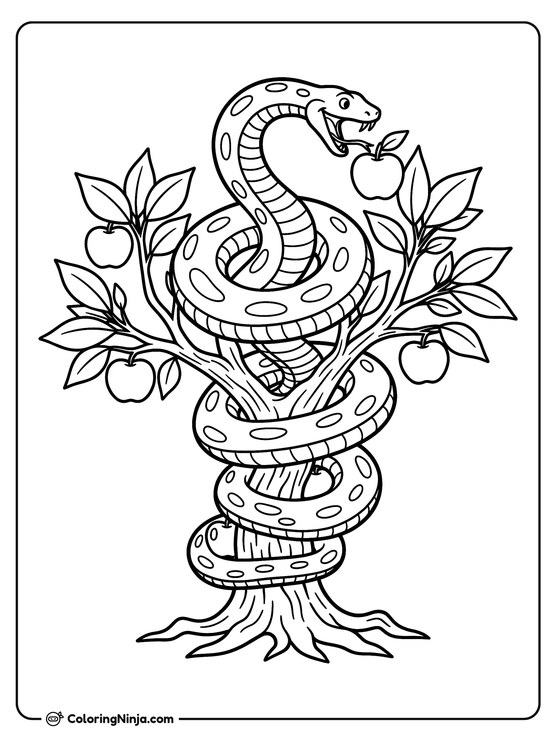 Serpiente enroscada en un manzano, dibujo para colorear: Una serpiente con manchas se enrosca en el tronco y las ramas de un pequeño manzano lleno de hojas y frutas maduras.