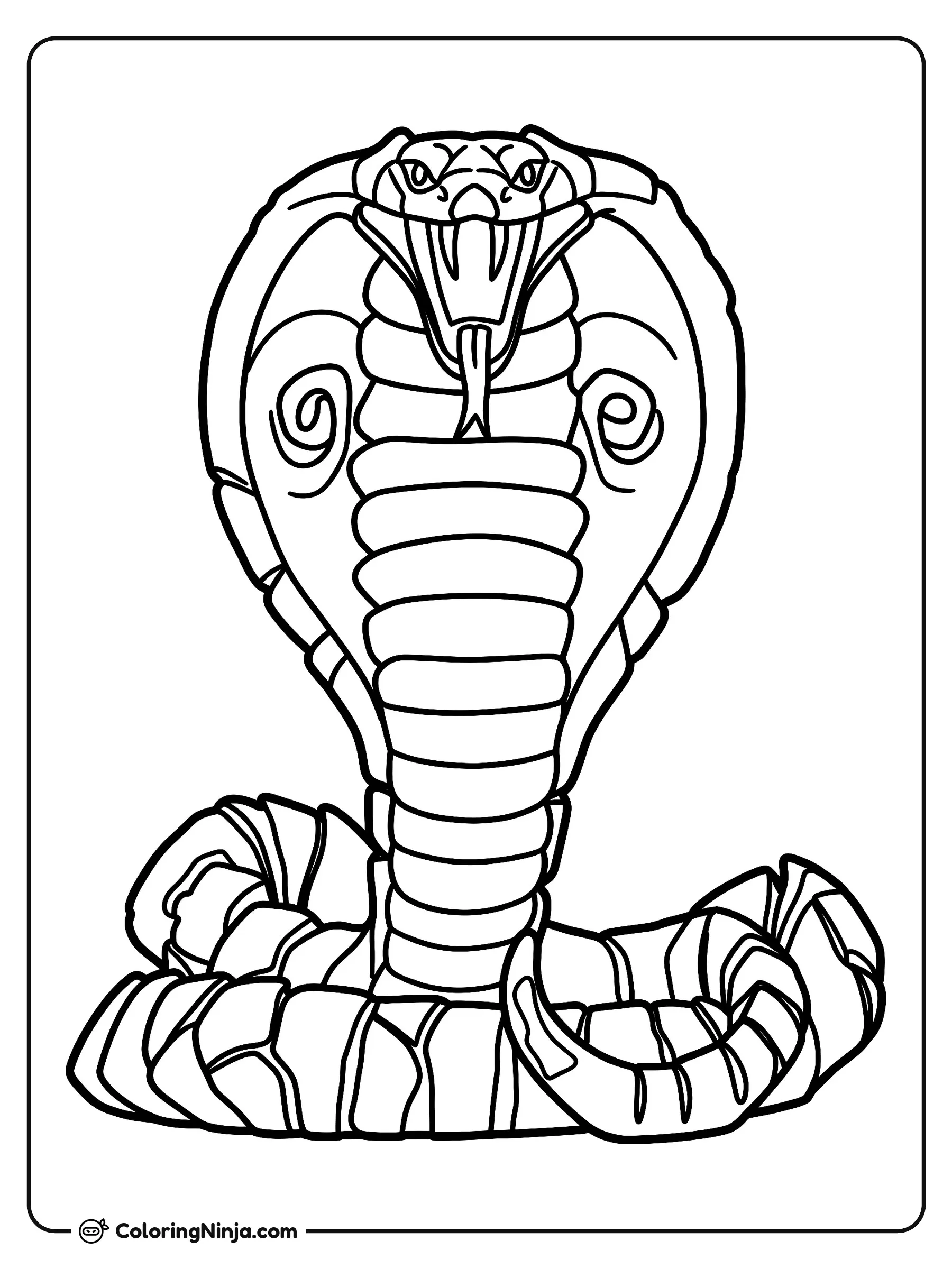 Serpiente cobra en postura de ataque, dibujo para colorear: Una serpiente cobra se encuentra enroscada y lista para atacar con su capucha desplegada por completo.