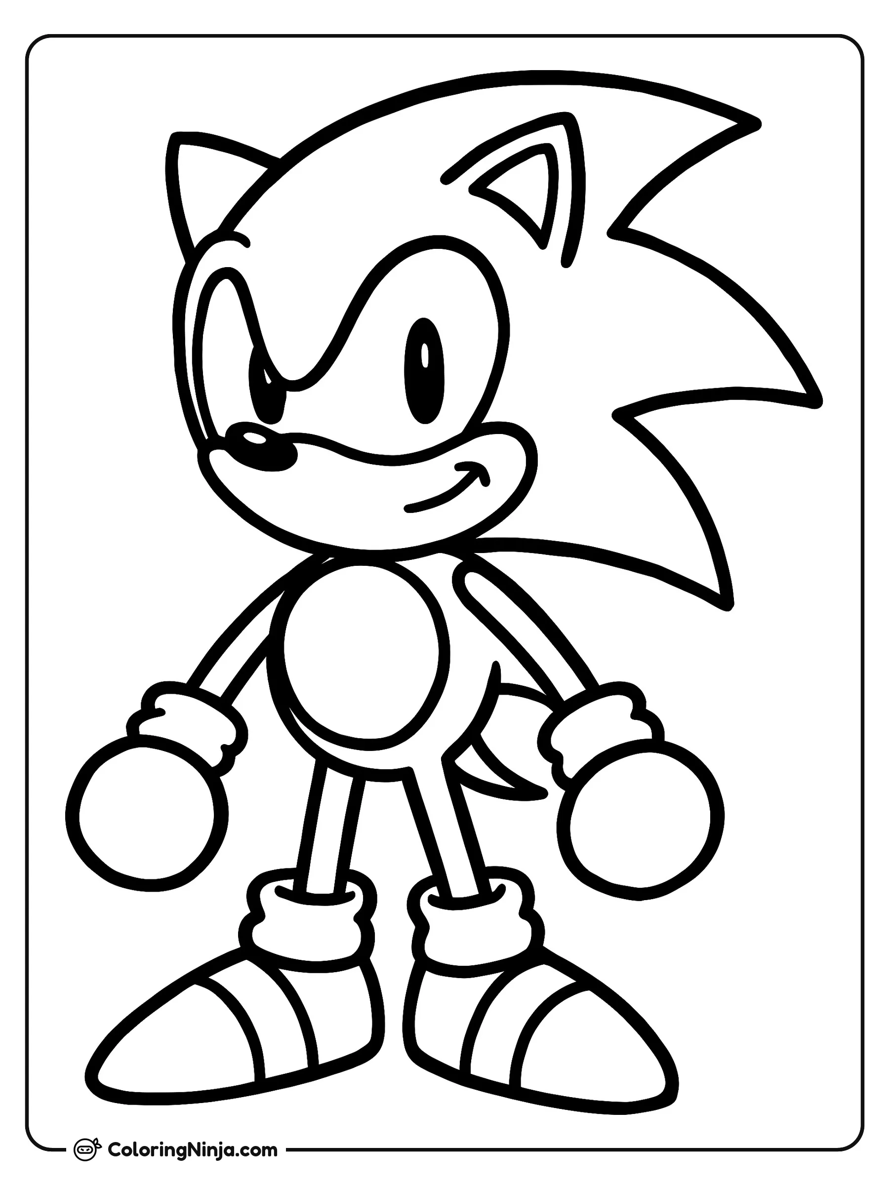 Sonic the Hedgehog en postura segura, dibujo para colorear: Sonic the Hedgehog está de pie con una postura muy segura y una ligera sonrisa. Lleva sus característicos guantes y tenis deportivos mientras mira hacia el frente.