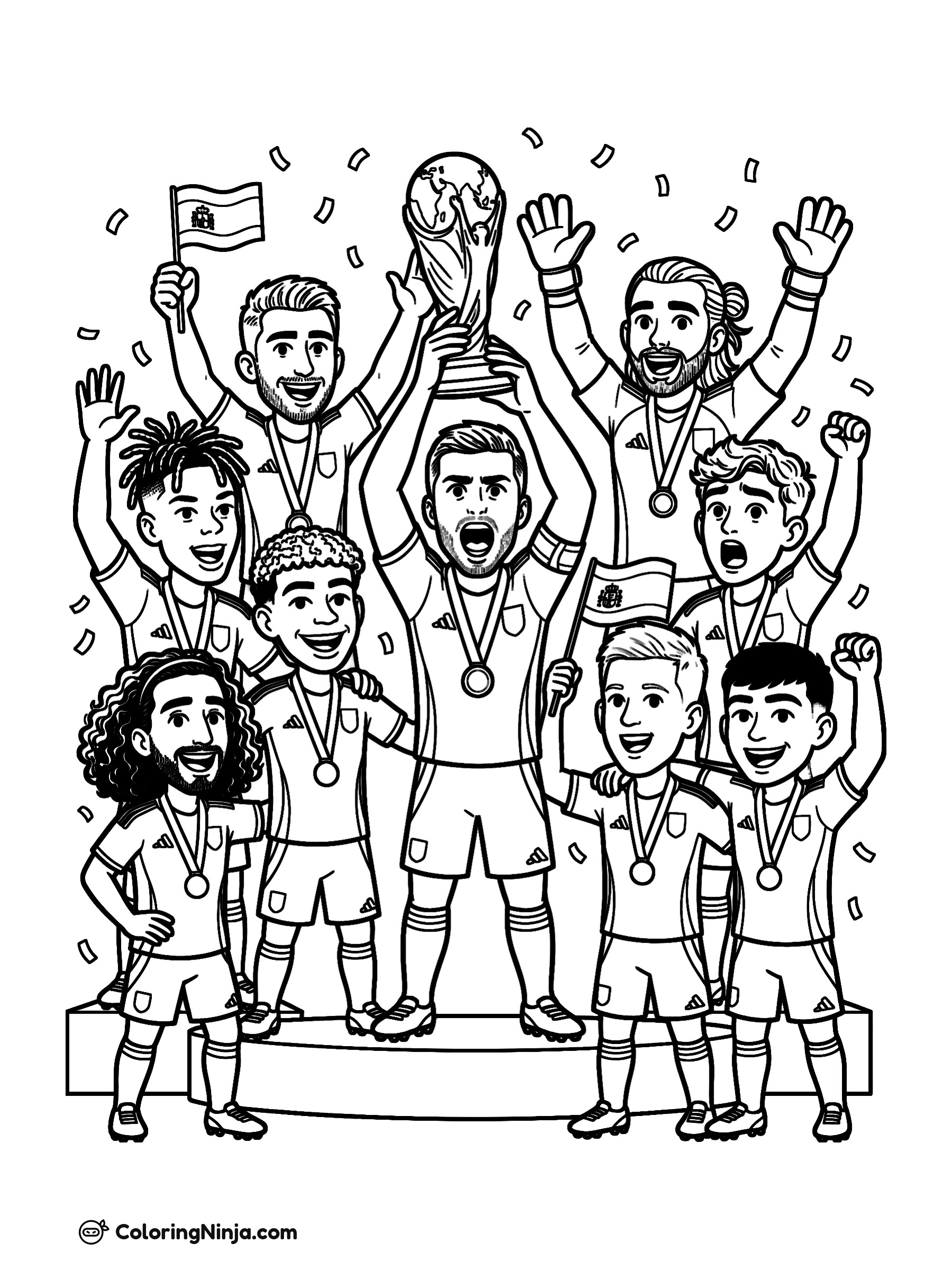Spain Lifting the 2026 World Cup Trophy Coloring Page