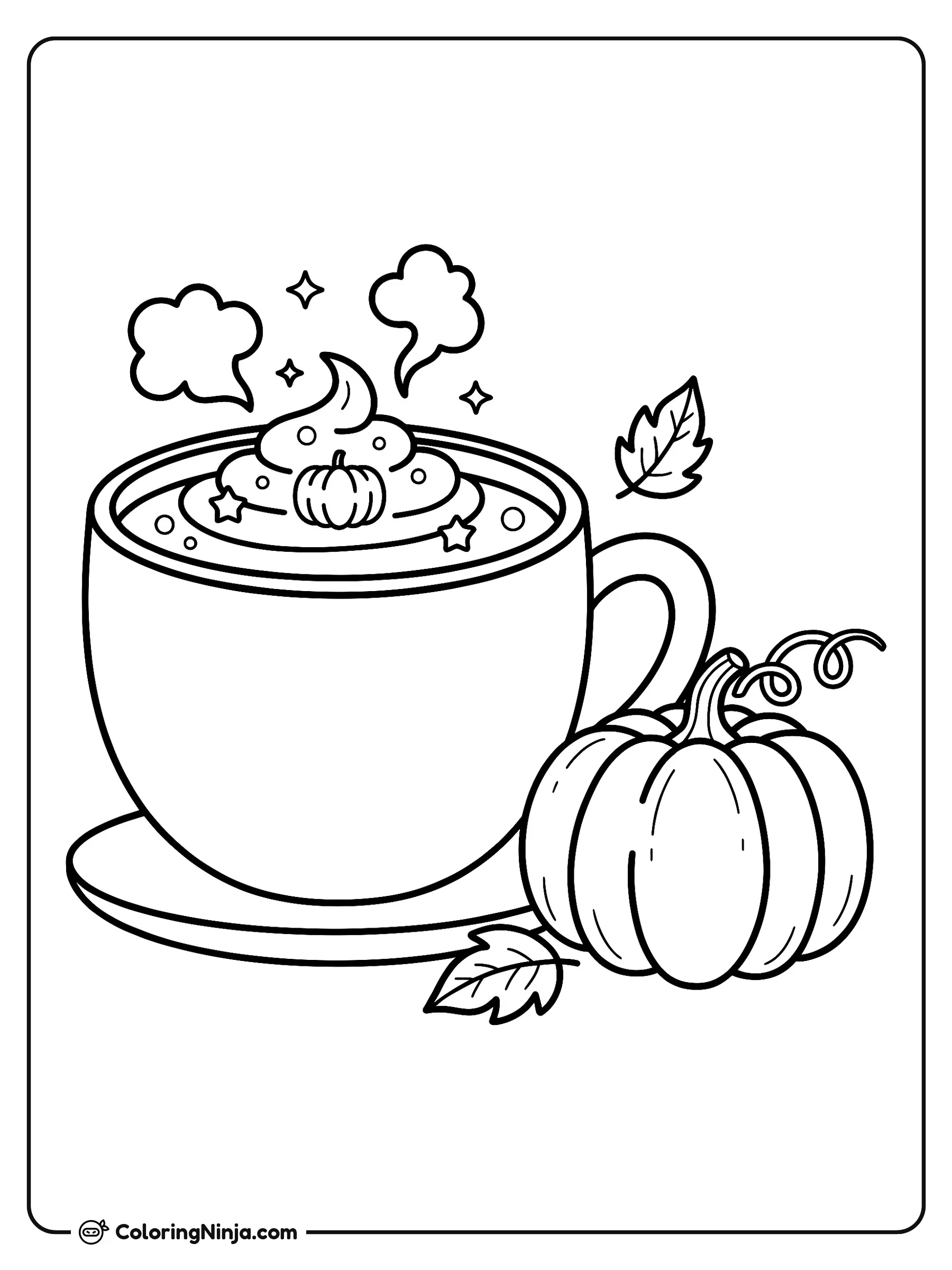 Café Latte de Calabaza y Especias, dibujo para colorear: Una taza caliente contiene un café latte de calabaza decorado con crema batida, un dulce de calabaza y chispas.