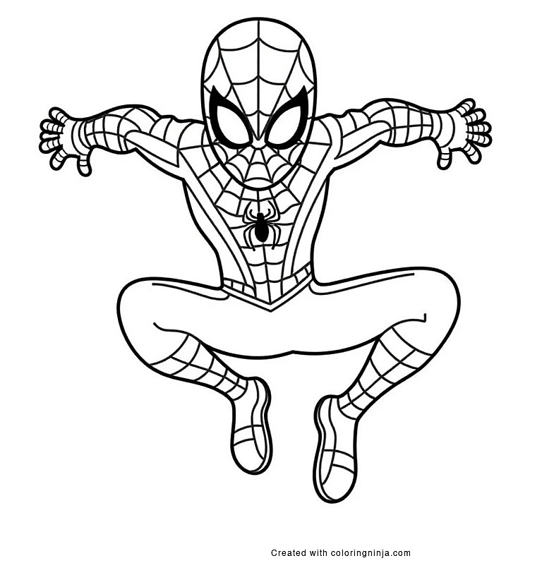 A coloring page of spiderman jumping